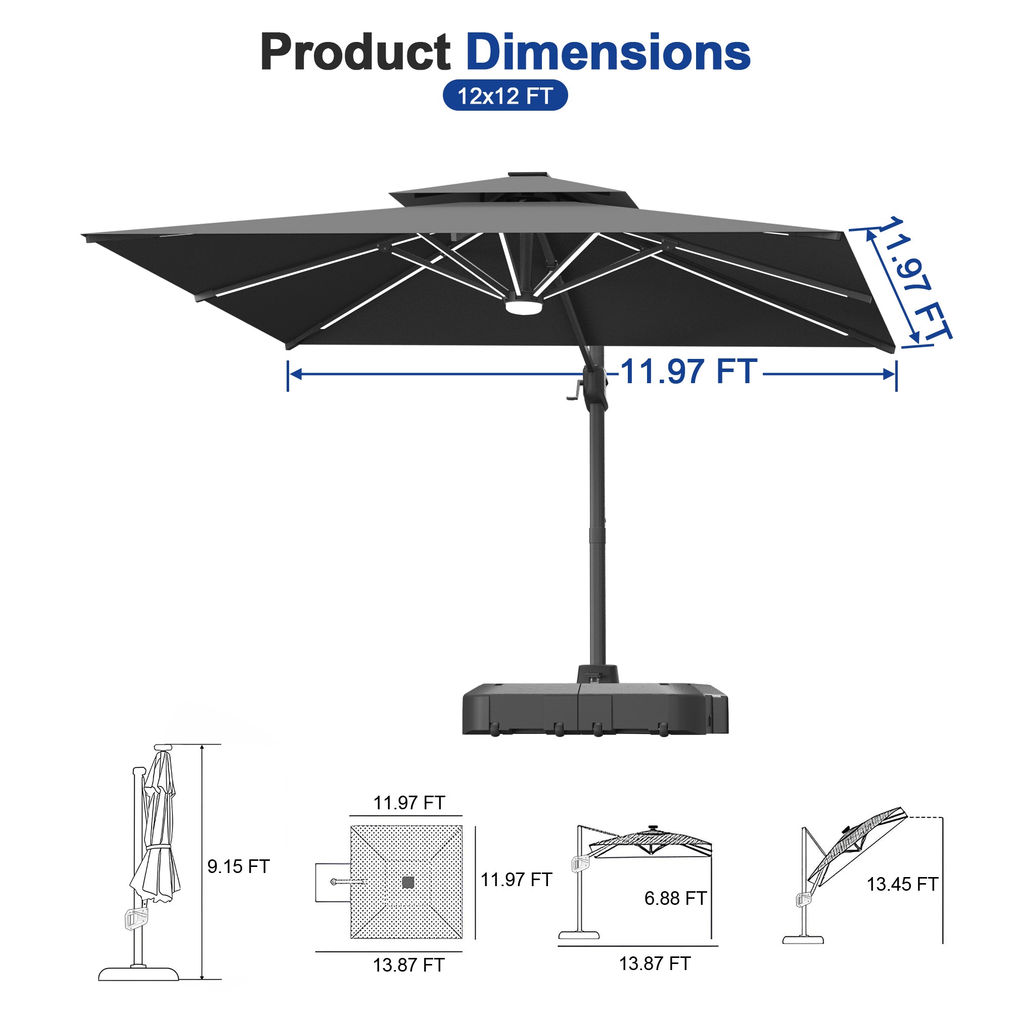 LED Cantilever Umbrella with Integrated Ribline Lighting for Outdoor Dining, Poolside Lounging & Garden Evenings