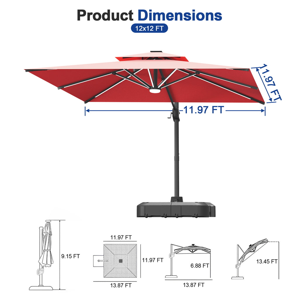 LED Cantilever Umbrella with Integrated Ribline Lighting for Outdoor Dining, Poolside Lounging & Garden Evenings