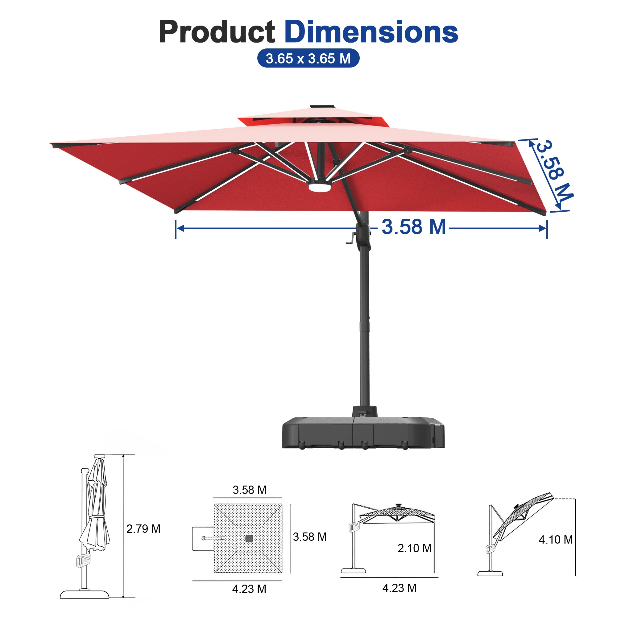 LED Cantilever Umbrella with Integrated Ribline Lighting for Outdoor Dining, Poolside Lounging & Garden Evenings