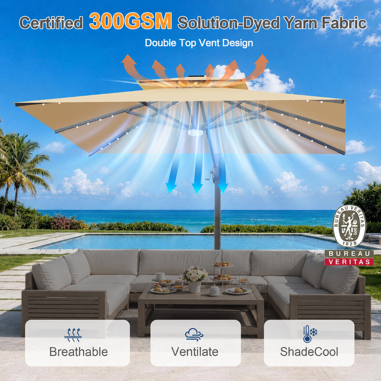 Cantilever Umbrella with Integrated Solar LED Bead Lights for Patios, Poolside Lounging & Garden Evenings