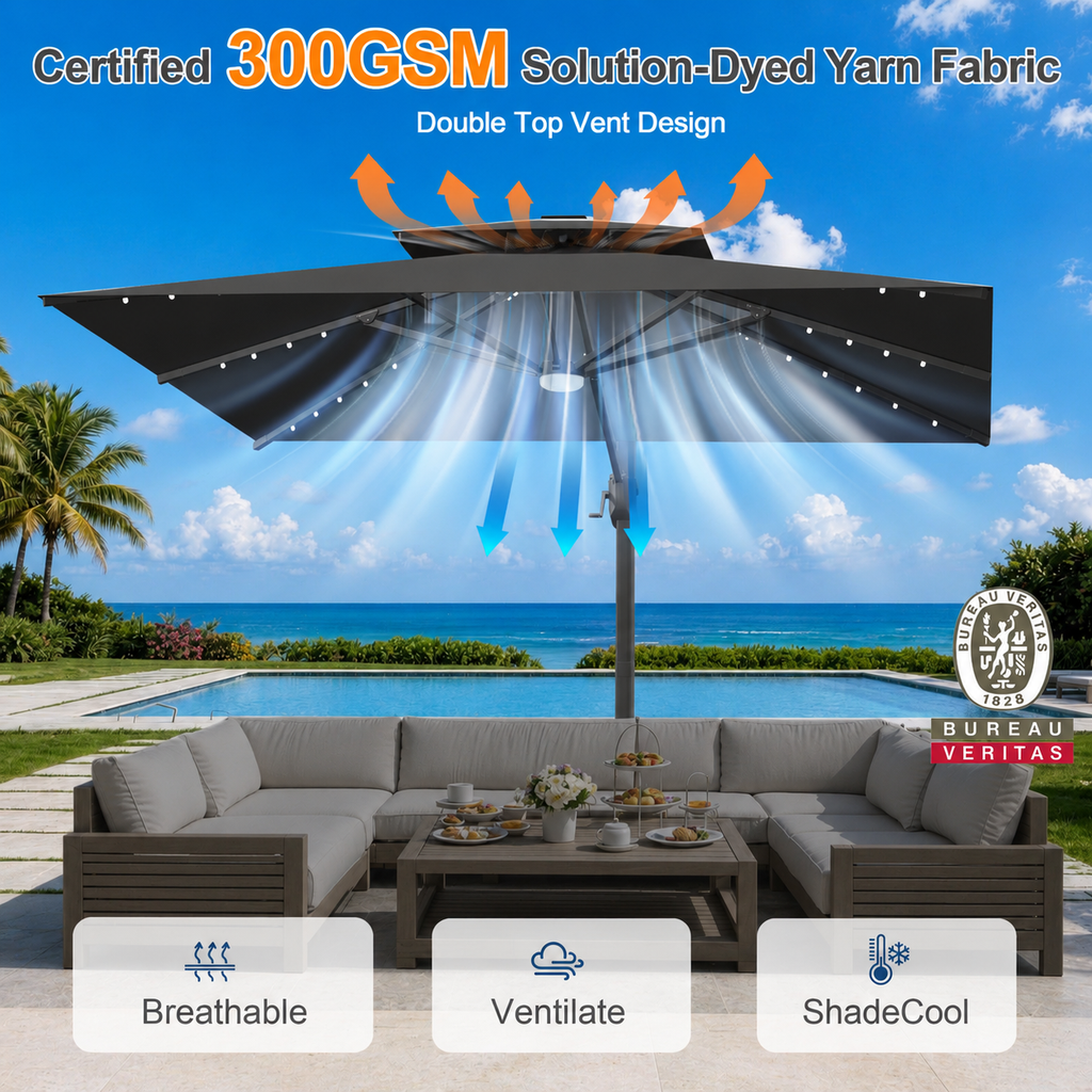 Cantilever Umbrella with Integrated Solar LED Bead Lights for Patios, Poolside Lounging & Garden Evenings