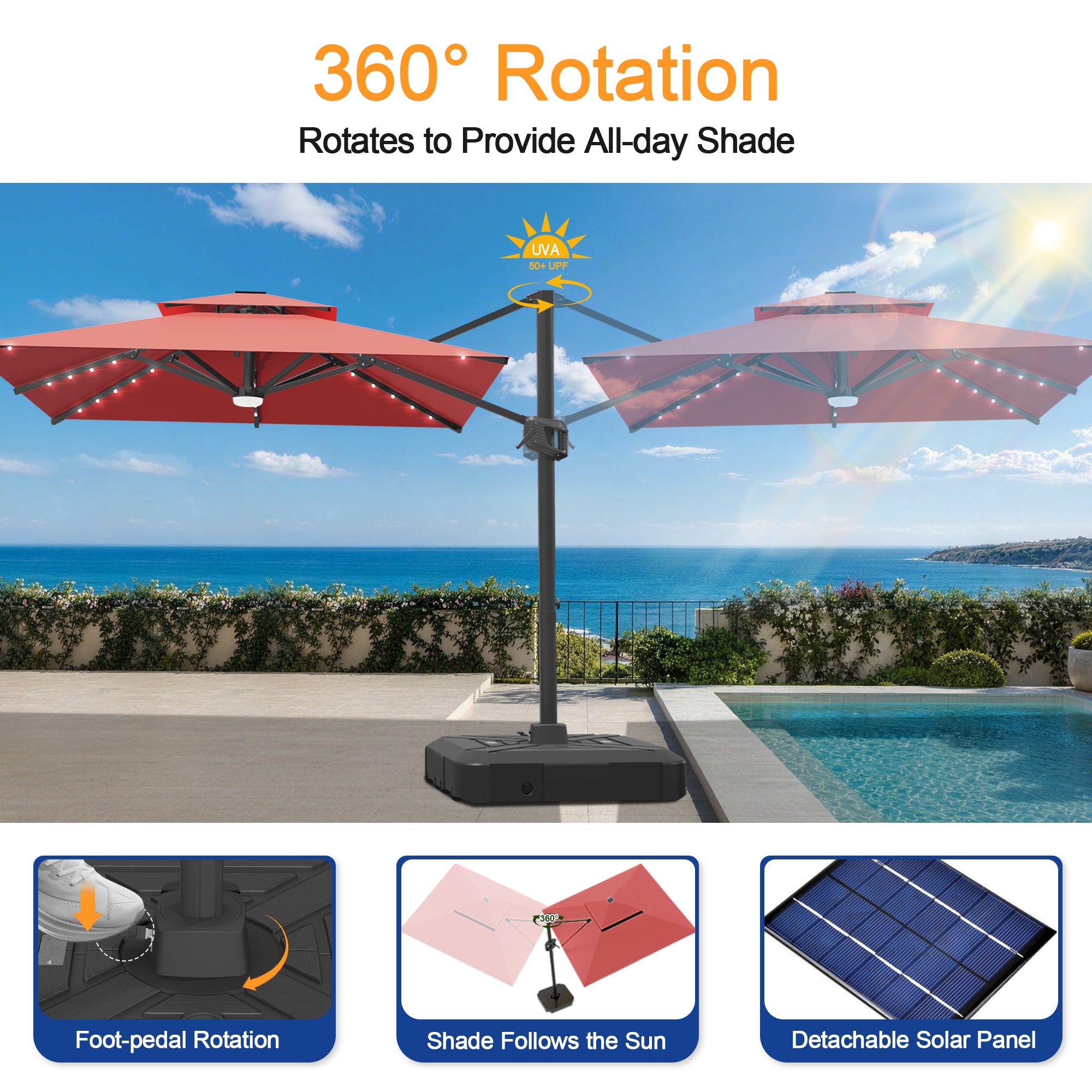 Cantilever Umbrella with Integrated Solar LED Bead Lights for Patios, Poolside Lounging & Garden Evenings
