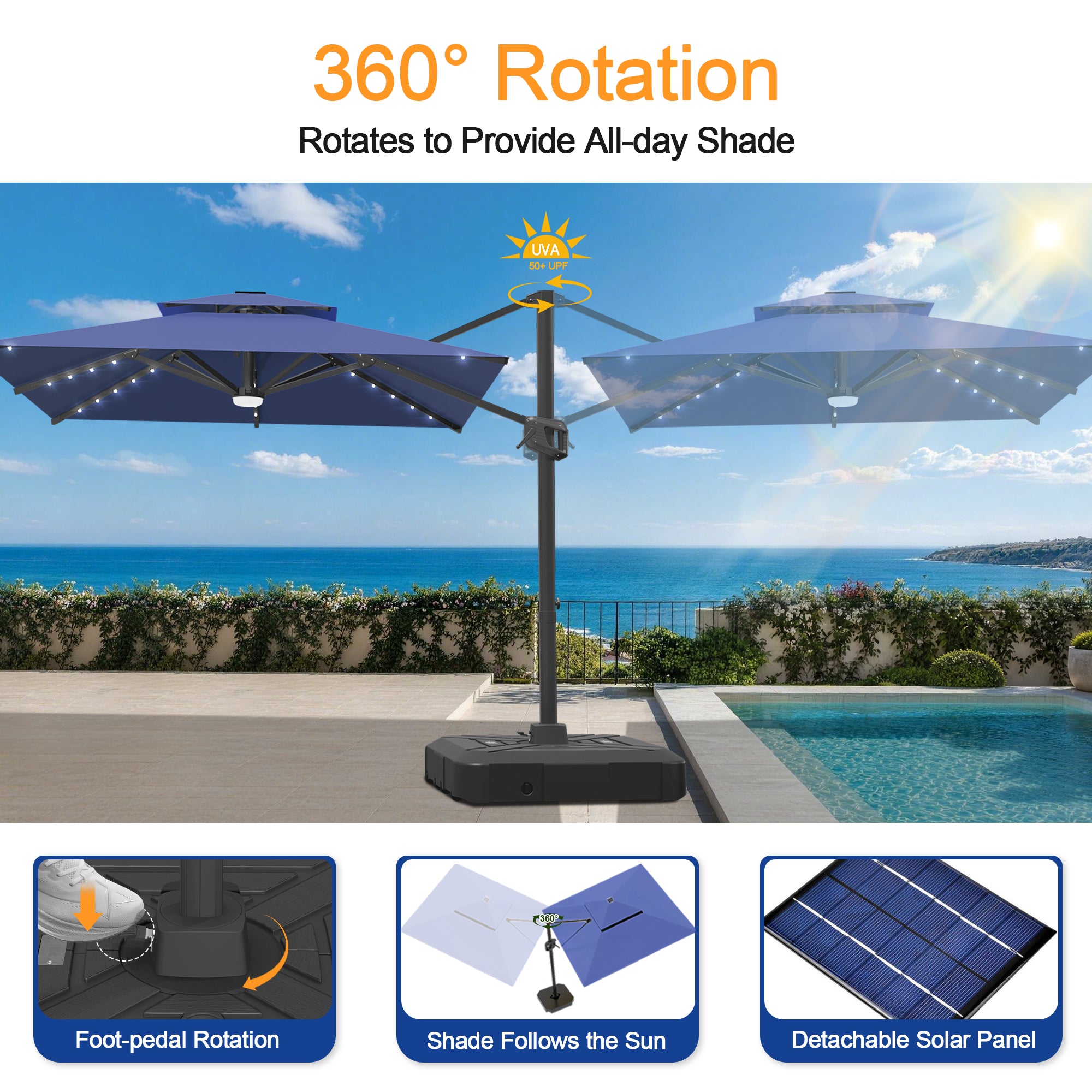 Cantilever Umbrella with Integrated Solar LED Bead Lights for Patios, Poolside Lounging & Garden Evenings