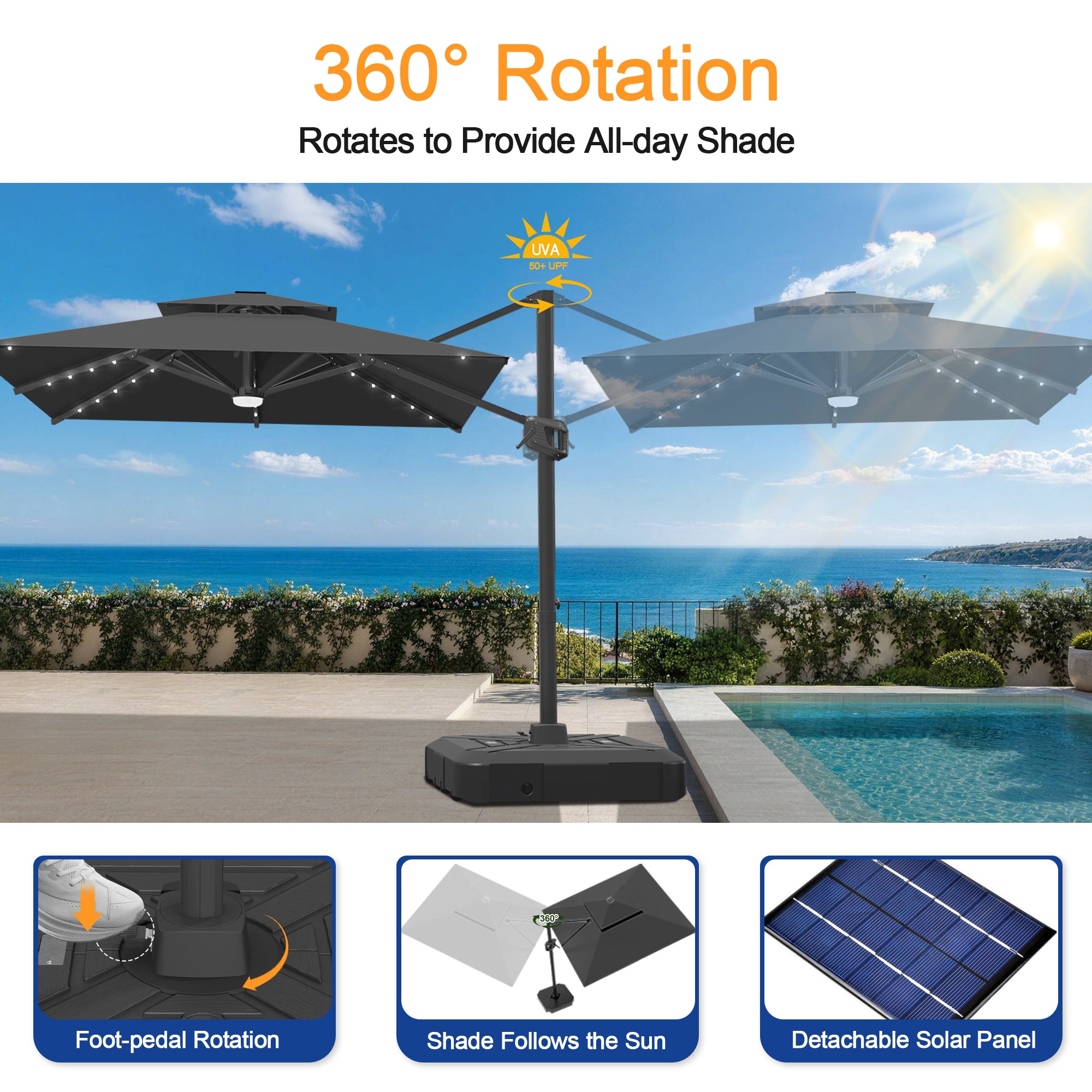 Cantilever Umbrella with Integrated Solar LED Bead Lights for Patios, Poolside Lounging & Garden Evenings