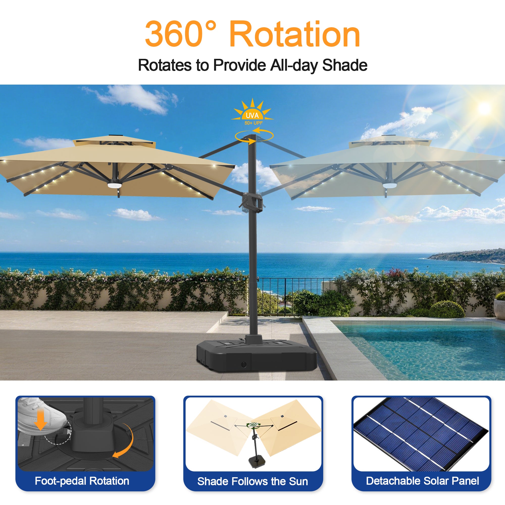 Cantilever Umbrella with Integrated Solar LED Bead Lights for Patios, Poolside Lounging & Garden Evenings