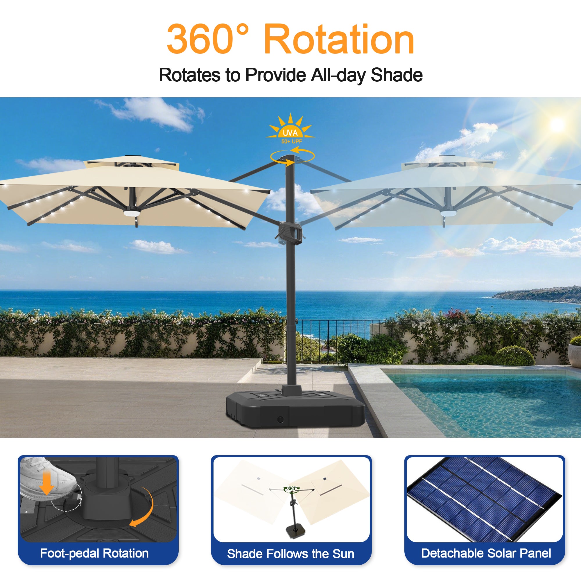 Cantilever Umbrella with Integrated Solar LED Bead Lights for Patios, Poolside Lounging & Garden Evenings