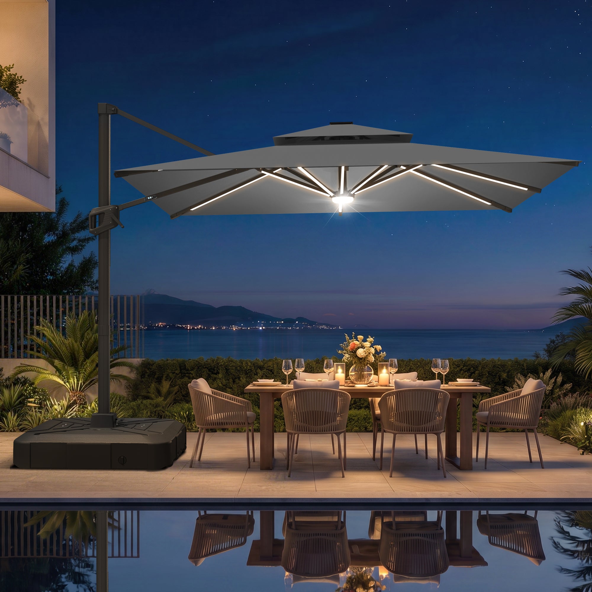 LED Cantilever Umbrella with Integrated Ribline Lighting for Outdoor Dining, Poolside Lounging & Garden Evenings