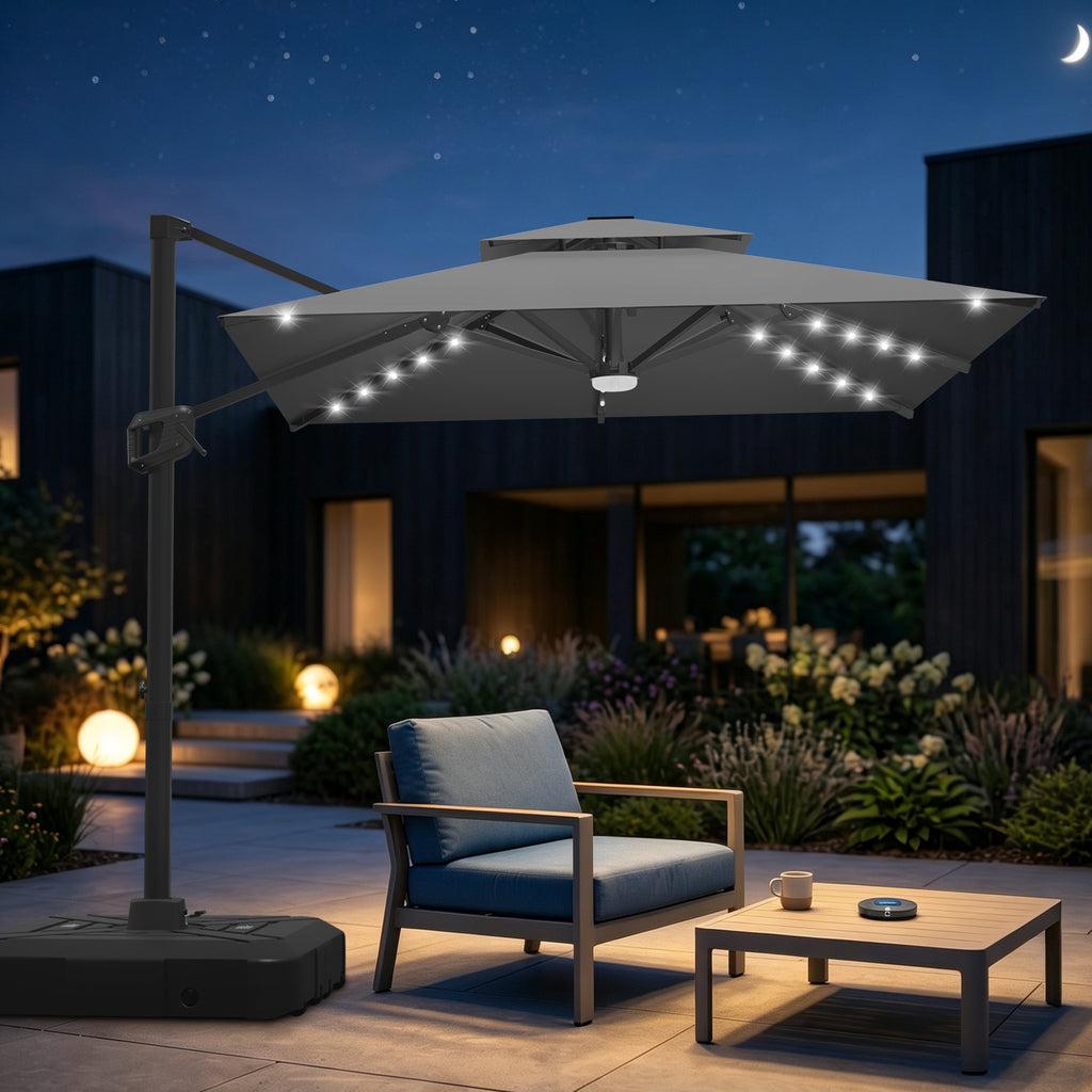 Cantilever Umbrella with Integrated Solar LED Bead Lights for Patios, Poolside Lounging & Garden Evenings