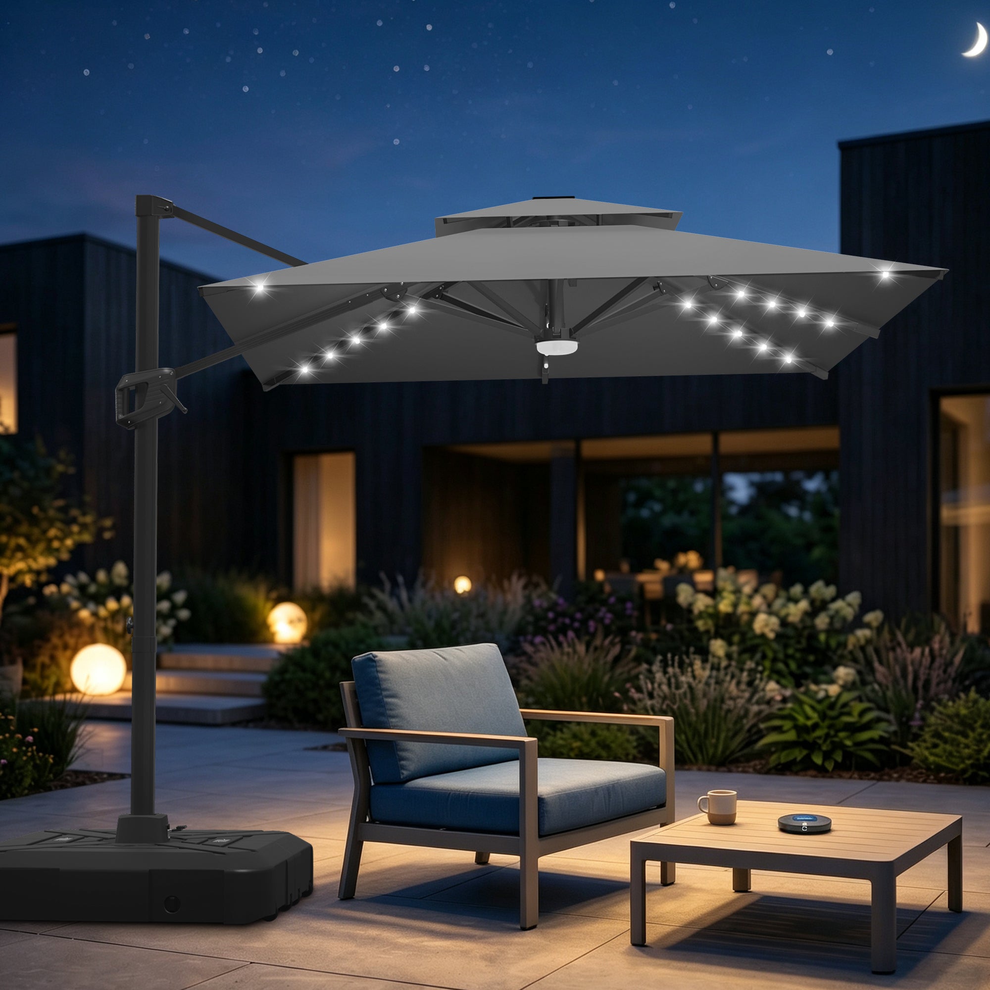 Cantilever Umbrella with Integrated Solar LED Bead Lights for Patios, Poolside Lounging & Garden Evenings