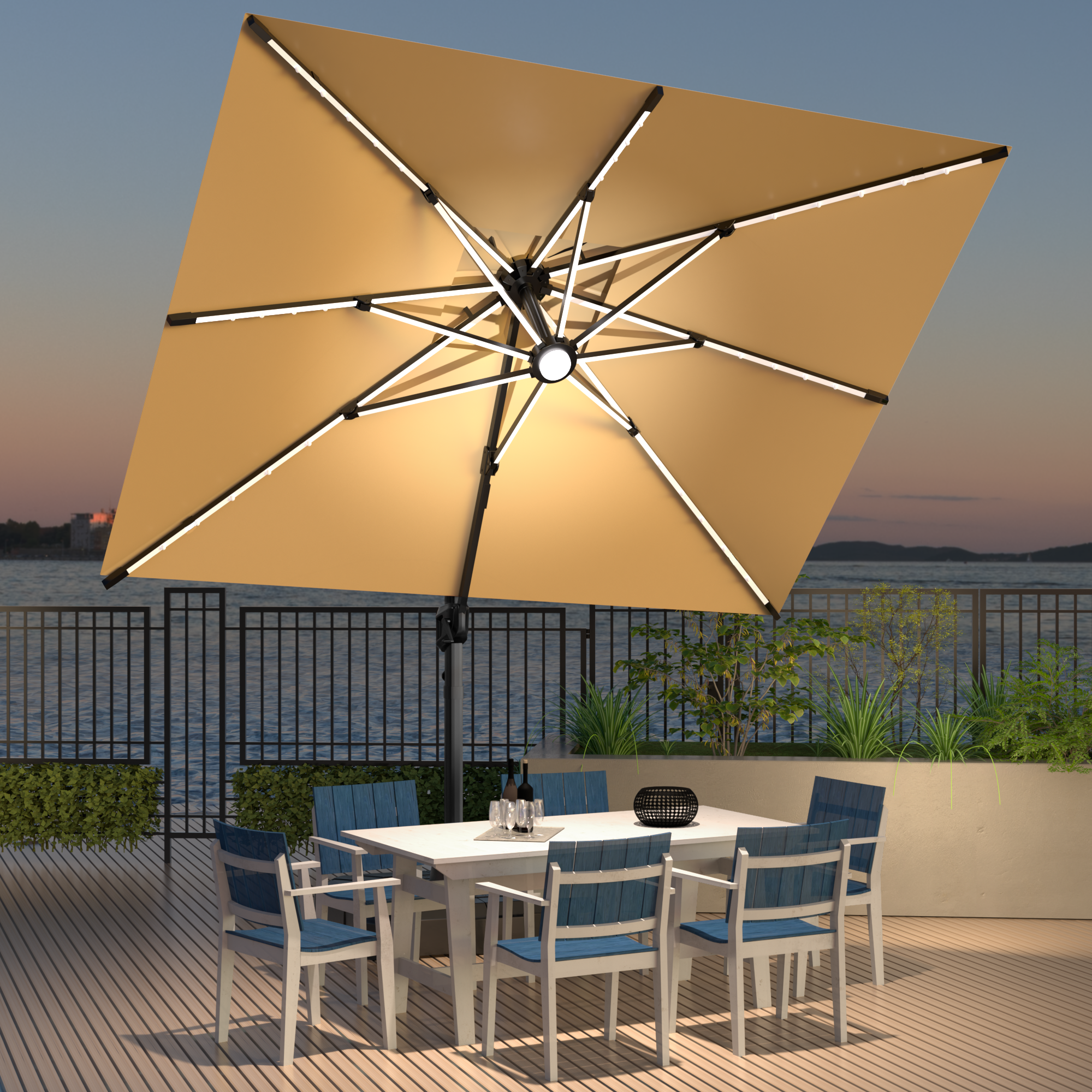 LED Cantilever Umbrella with Integrated Ribline Lighting for Outdoor Dining, Poolside Lounging & Garden Evenings
