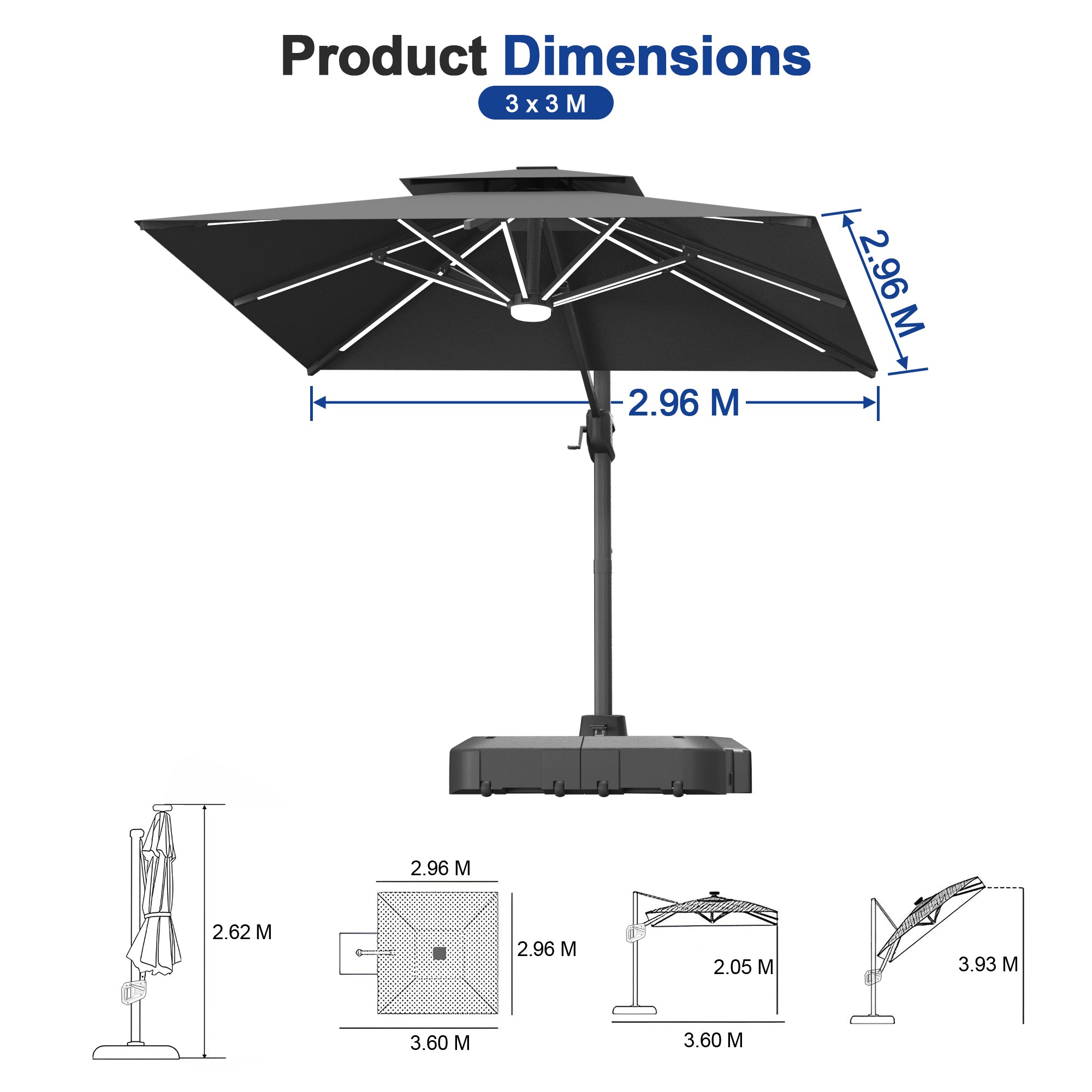 LED Cantilever Umbrella with Integrated Ribline Lighting for Outdoor Dining, Poolside Lounging & Garden Evenings