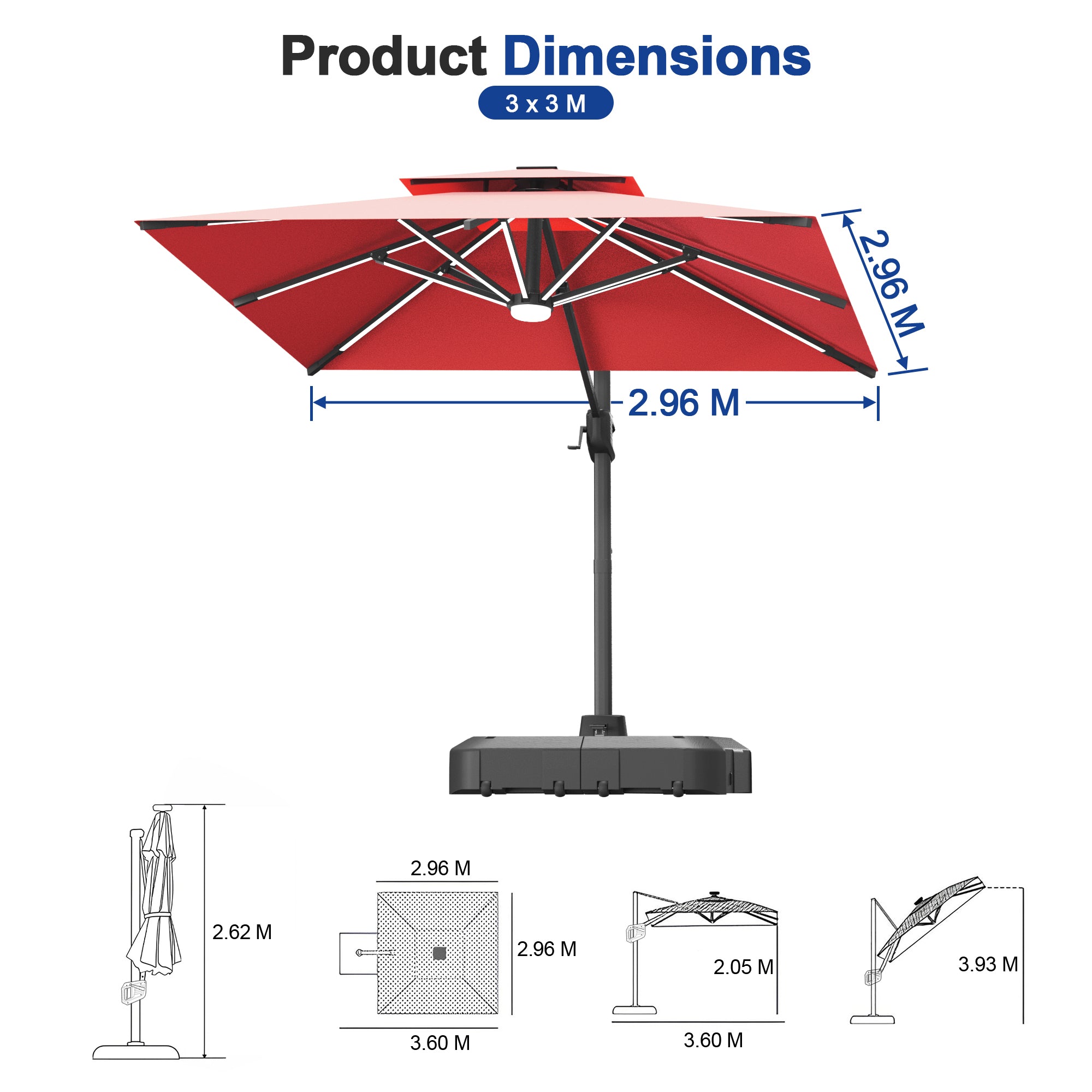 LED Cantilever Umbrella with Integrated Ribline Lighting for Outdoor Dining, Poolside Lounging & Garden Evenings