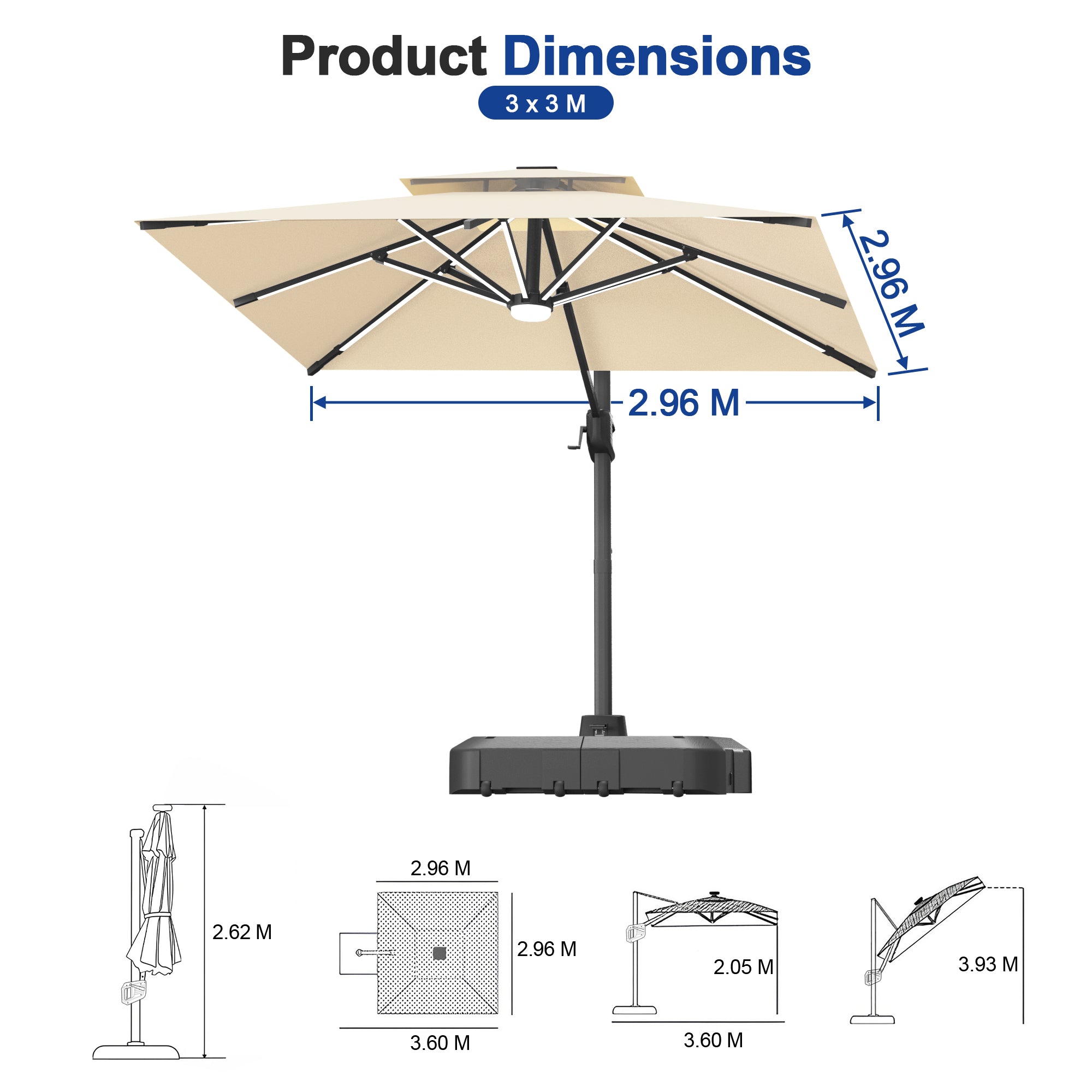 LED Cantilever Umbrella with Integrated Ribline Lighting for Outdoor Dining, Poolside Lounging & Garden Evenings