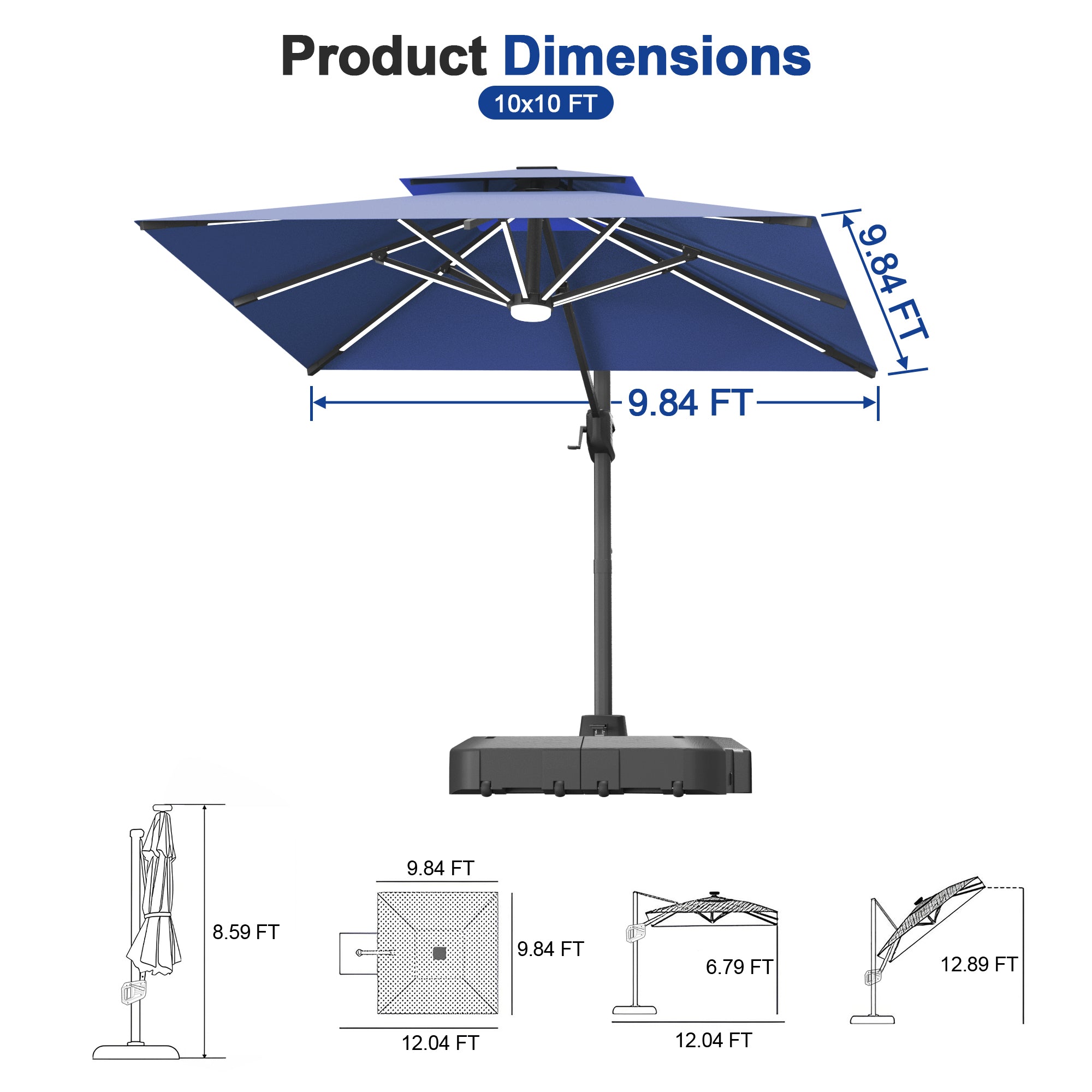 LED Cantilever Umbrella with Integrated Ribline Lighting for Outdoor Dining, Poolside Lounging & Garden Evenings