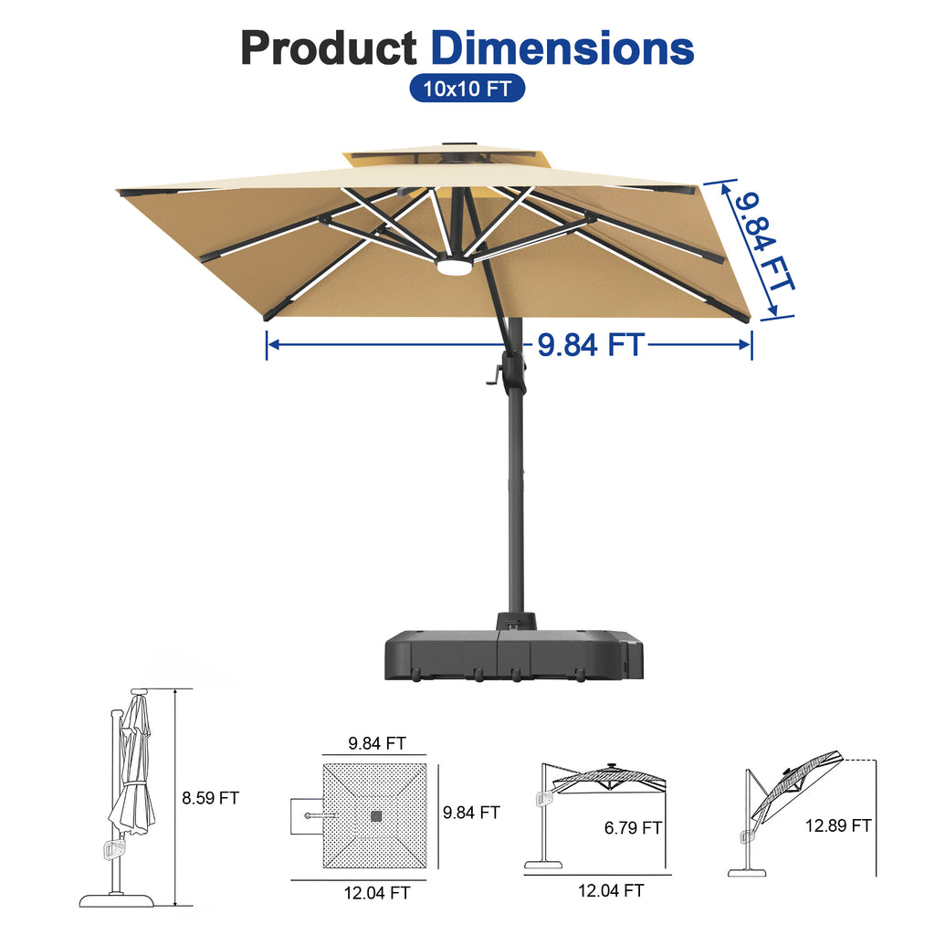 LED Cantilever Umbrella with Integrated Ribline Lighting for Outdoor Dining, Poolside Lounging & Garden Evenings