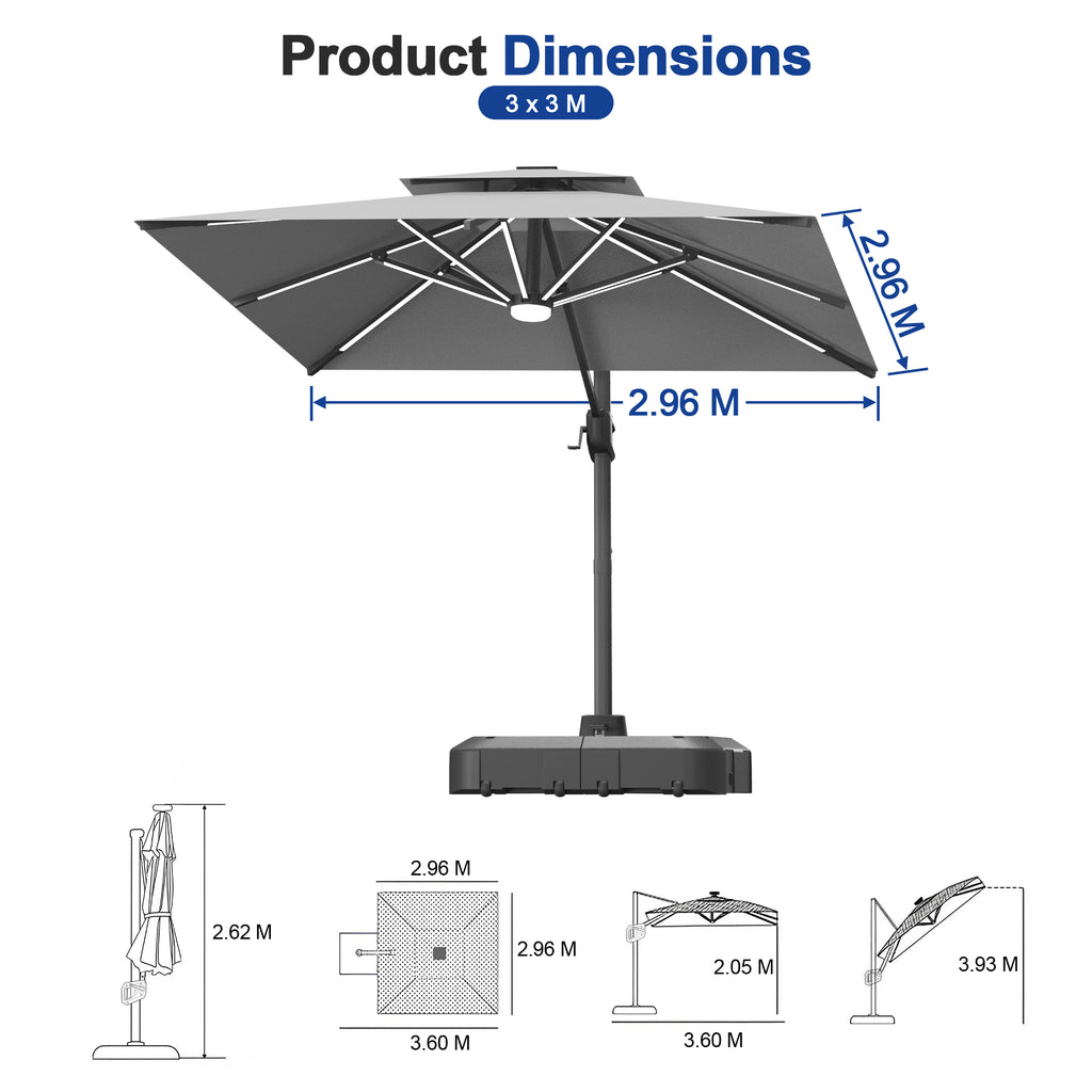 LED Cantilever Umbrella with Integrated Ribline Lighting for Outdoor Dining, Poolside Lounging & Garden Evenings