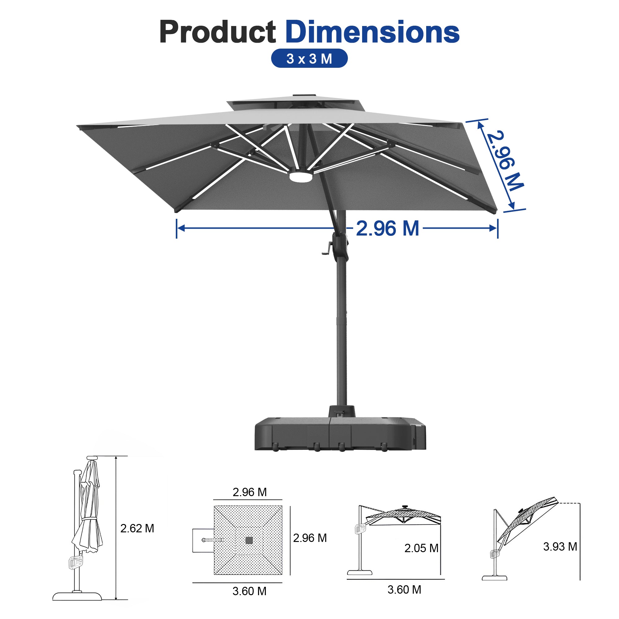 LED Cantilever Umbrella with Integrated Ribline Lighting for Outdoor Dining, Poolside Lounging & Garden Evenings