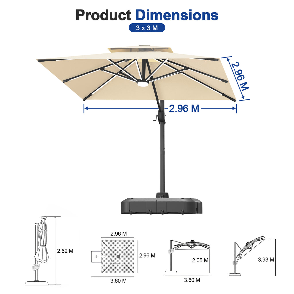 LED Cantilever Umbrella with Integrated Ribline Lighting for Outdoor Dining, Poolside Lounging & Garden Evenings