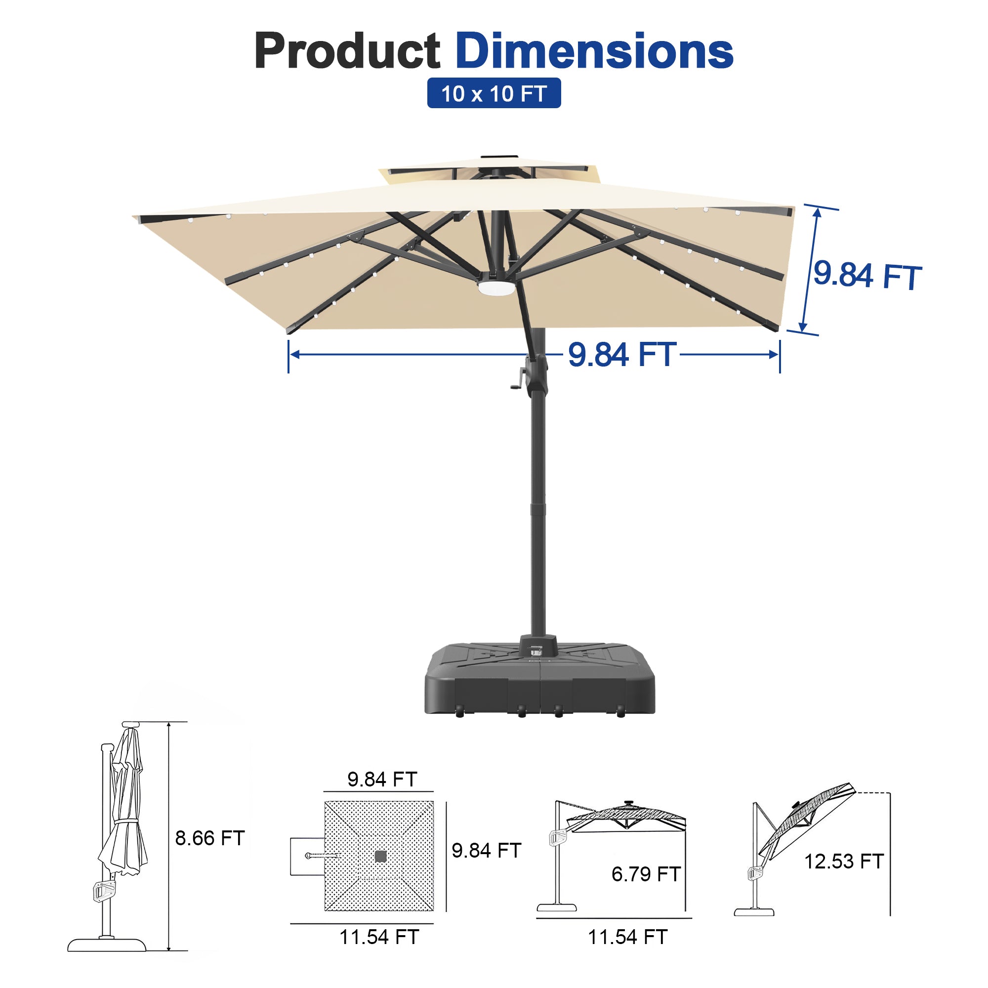 Cantilever Umbrella with Integrated Solar LED Bead Lights for Patios, Poolside Lounging & Garden Evenings