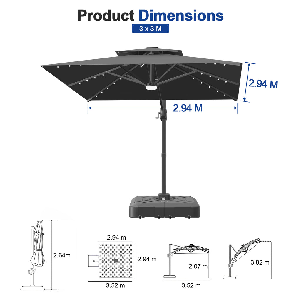 Cantilever Umbrella with Integrated Solar LED Bead Lights for Patios, Poolside Lounging & Garden Evenings