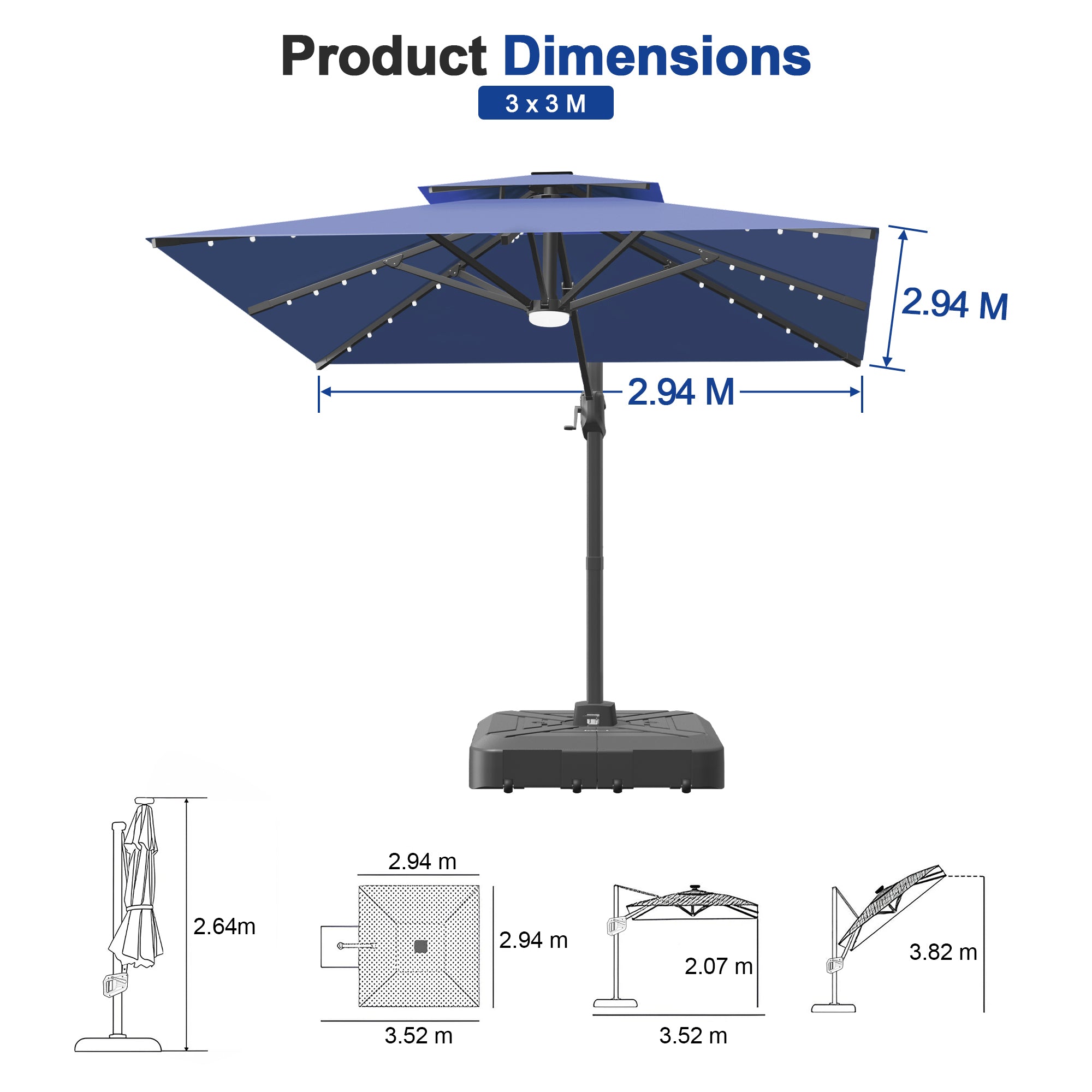 Cantilever Umbrella with Integrated Solar LED Bead Lights for Patios, Poolside Lounging & Garden Evenings