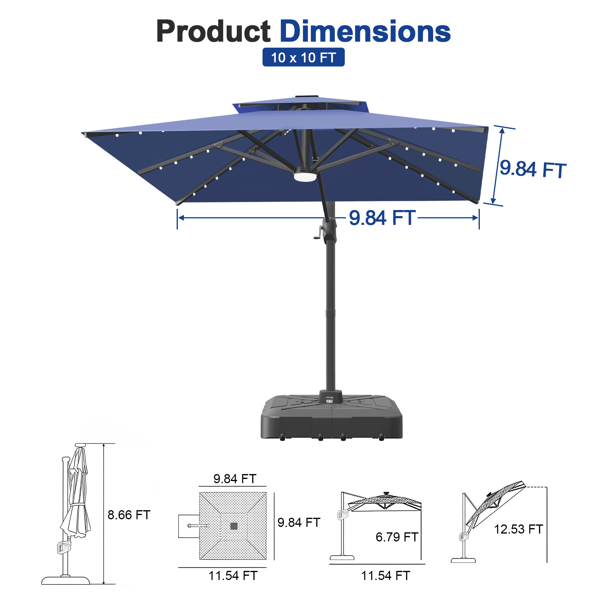 Cantilever Umbrella with Integrated Solar LED Bead Lights for Patios, Poolside Lounging & Garden Evenings