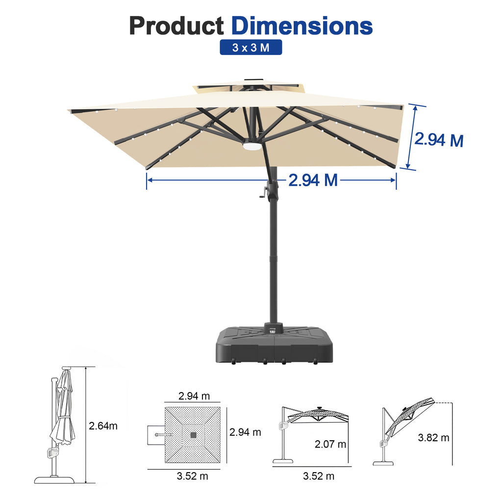 Cantilever Umbrella with Integrated Solar LED Bead Lights for Patios, Poolside Lounging & Garden Evenings