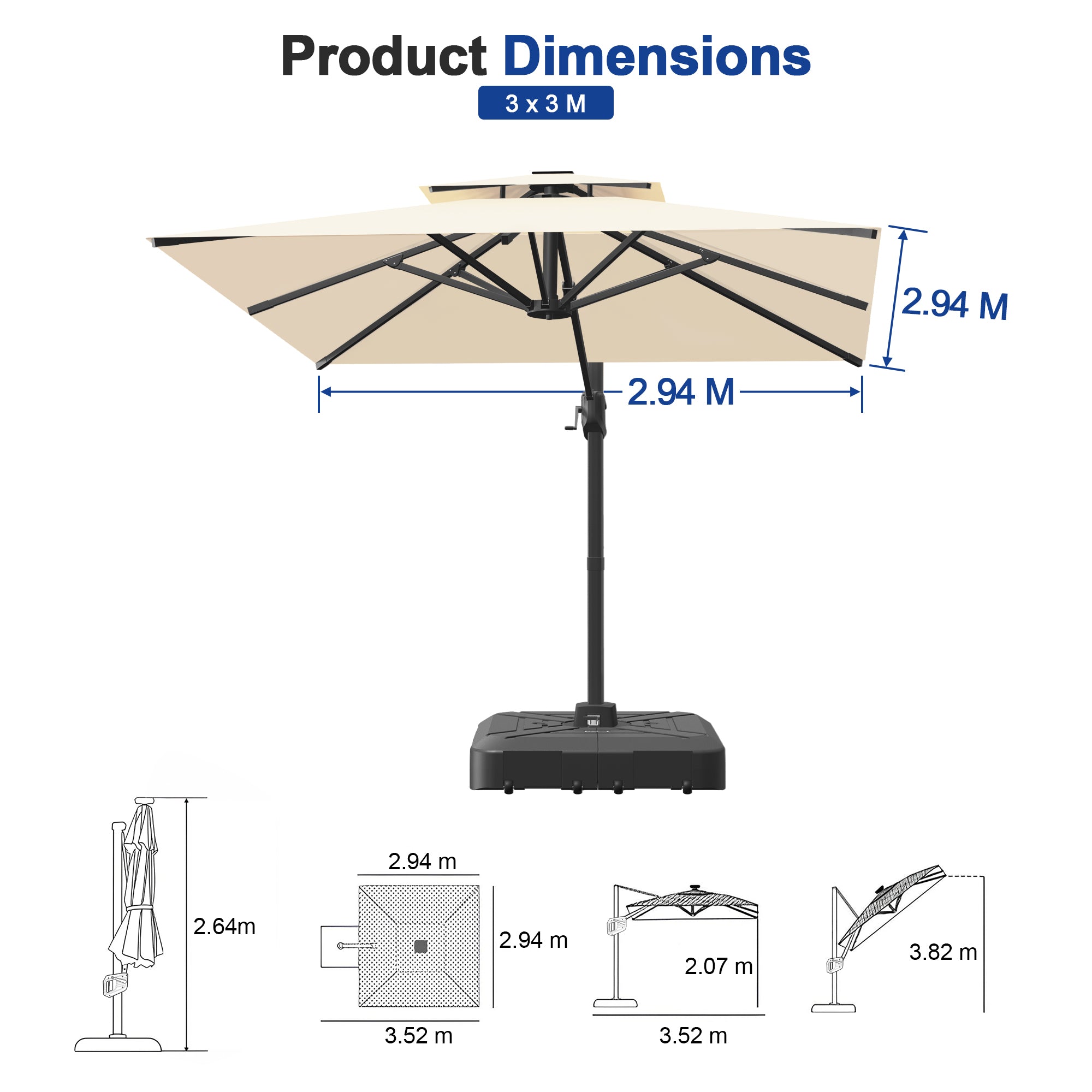 Heavy-Duty Cantilever Umbrella with Cross Base — Powder-Coated Aluminium Frame for Garden, Patio & Poolside