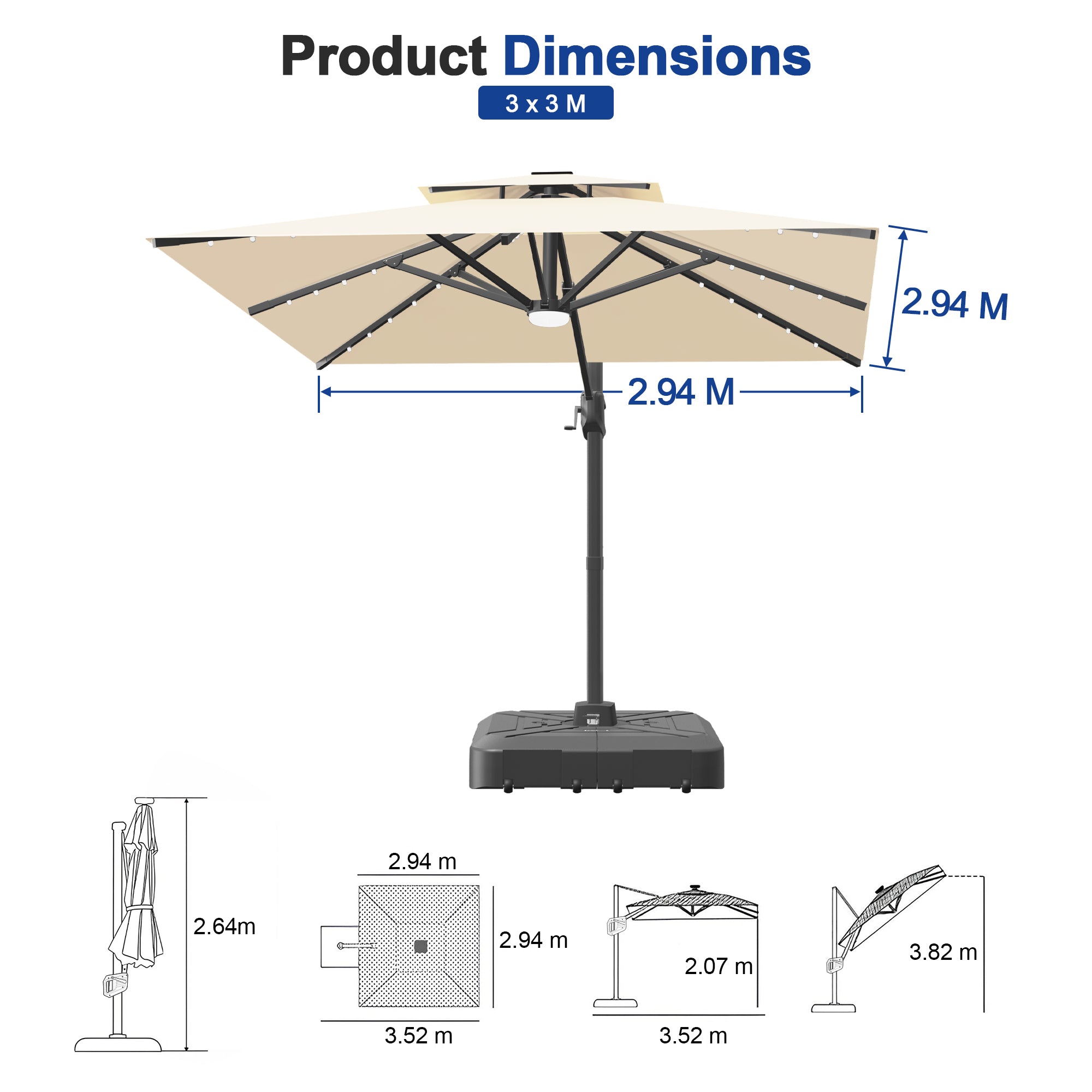 Heavy-Duty Cantilever Umbrella with Cross Base — Powder-Coated Aluminium Frame for Garden, Patio & Poolside