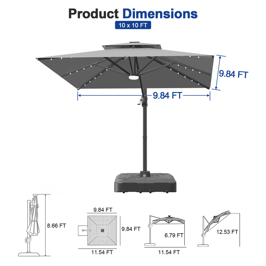 Cantilever Umbrella with Integrated Solar LED Bead Lights for Patios, Poolside Lounging & Garden Evenings
