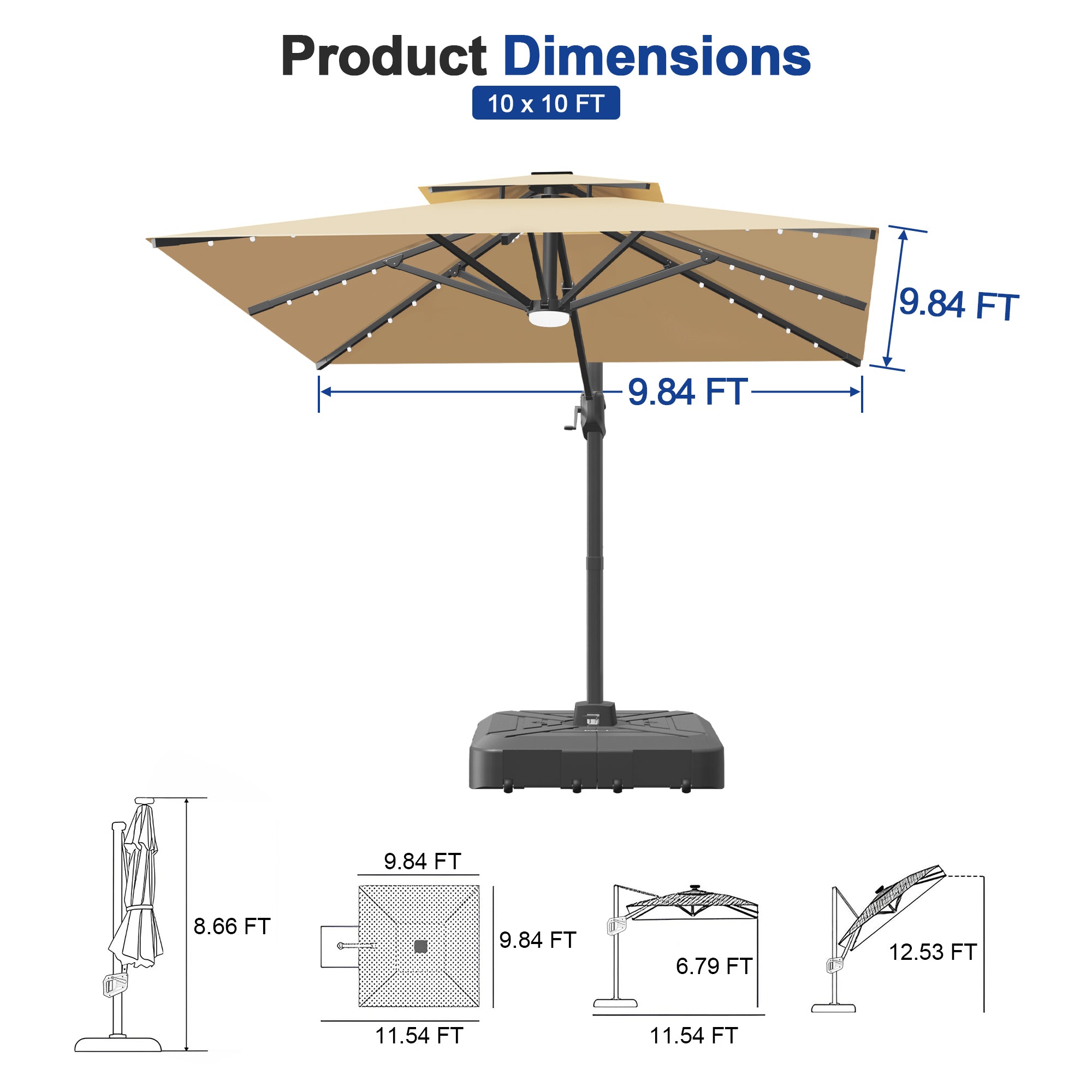 Cantilever Umbrella with Integrated Solar LED Bead Lights for Patios, Poolside Lounging & Garden Evenings