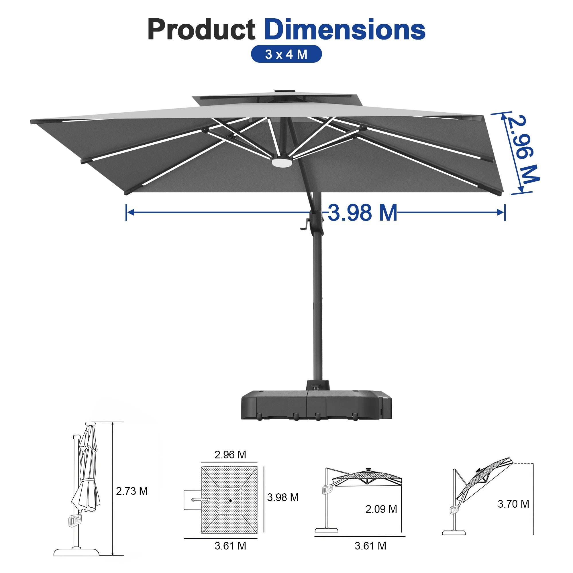 LED Cantilever Umbrella with Integrated Ribline Lighting for Outdoor Dining, Poolside Lounging & Garden Evenings
