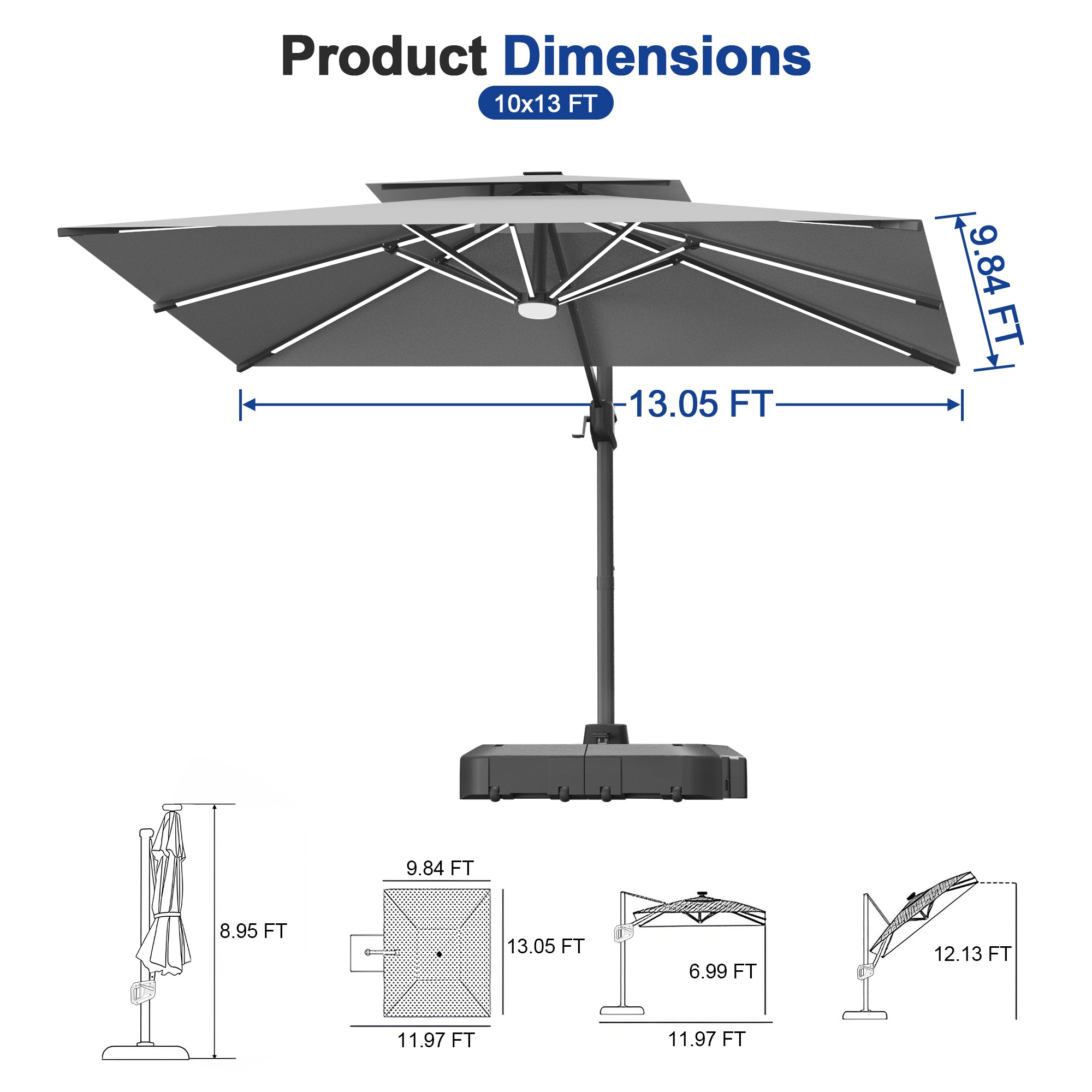 LED Cantilever Umbrella with Integrated Ribline Lighting for Outdoor Dining, Poolside Lounging & Garden Evenings