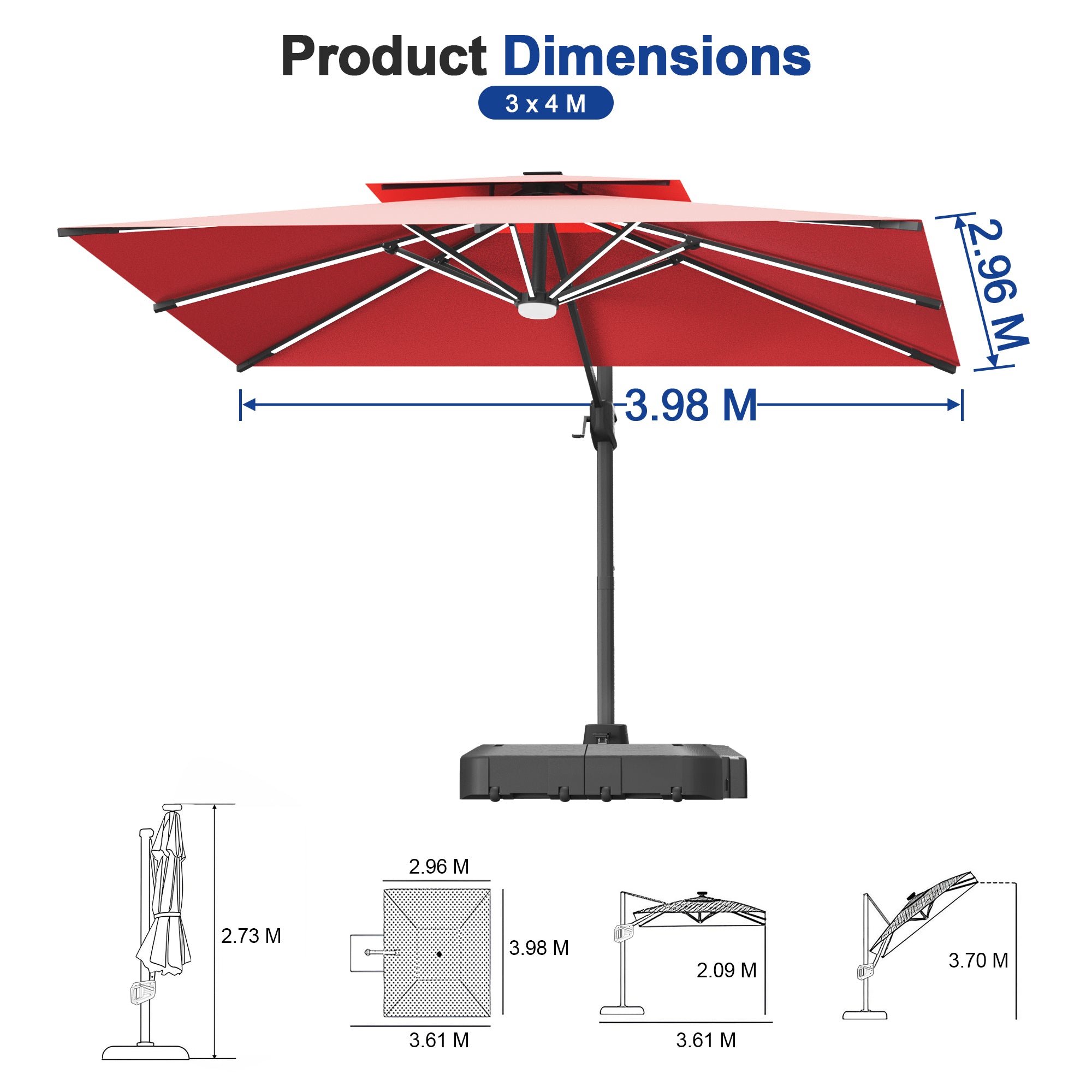 LED Cantilever Umbrella with Integrated Ribline Lighting for Outdoor Dining, Poolside Lounging & Garden Evenings