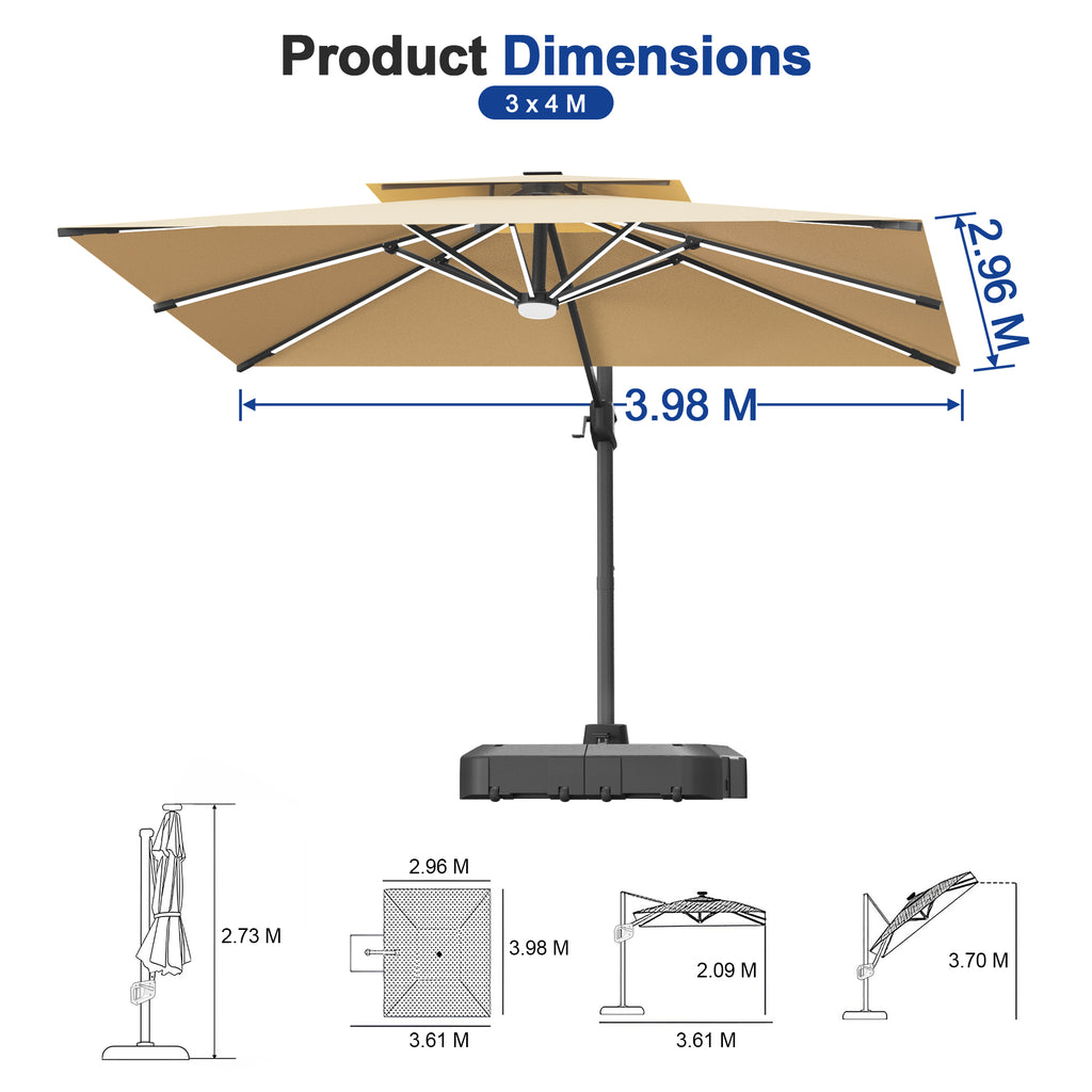 LED Cantilever Umbrella with Integrated Ribline Lighting for Outdoor Dining, Poolside Lounging & Garden Evenings