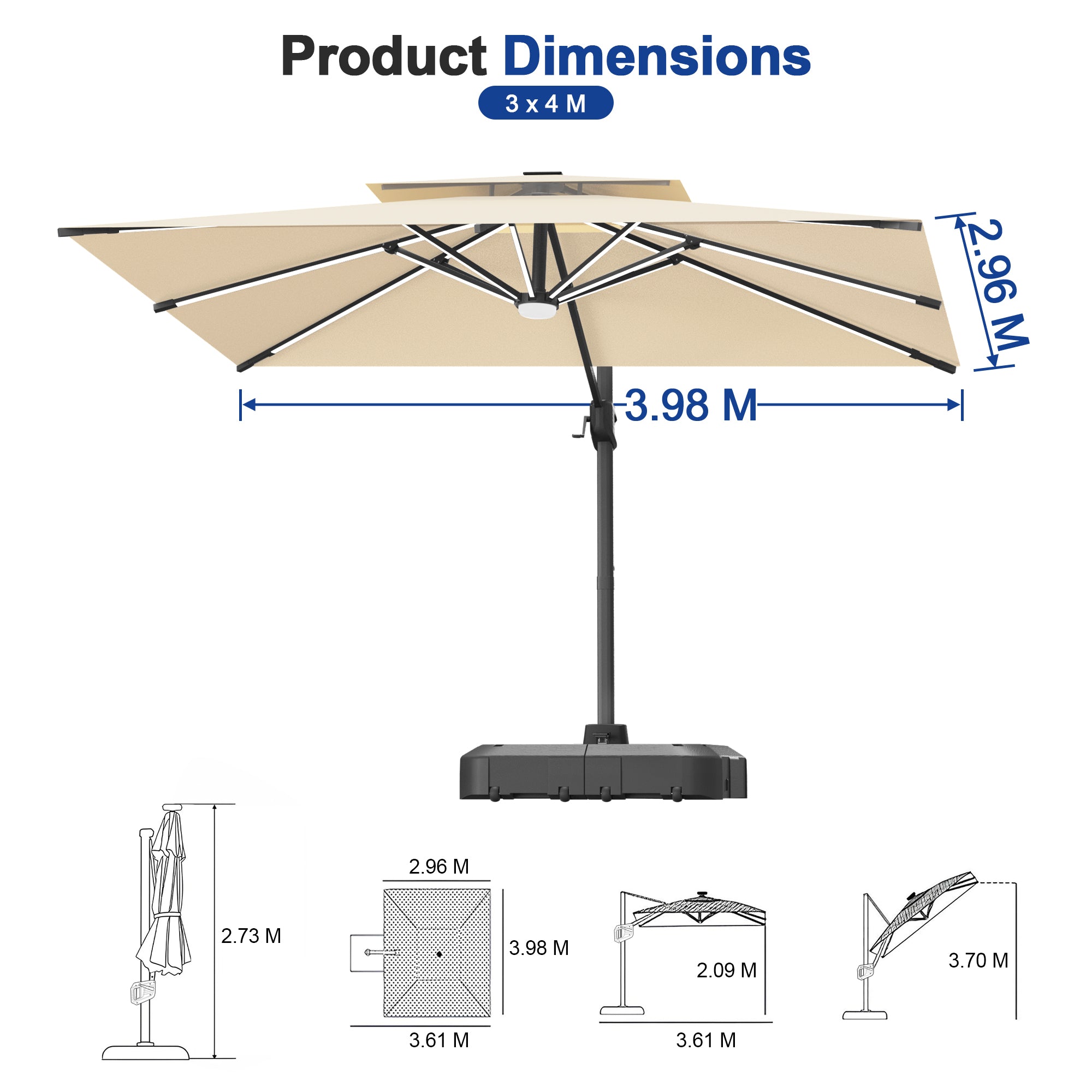 LED Cantilever Umbrella with Integrated Ribline Lighting for Outdoor Dining, Poolside Lounging & Garden Evenings
