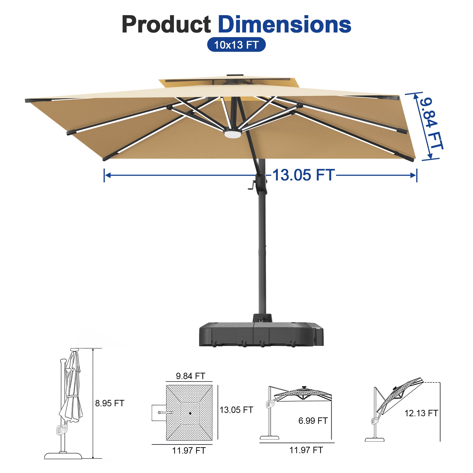 LED Cantilever Umbrella with Integrated Ribline Lighting for Outdoor Dining, Poolside Lounging & Garden Evenings