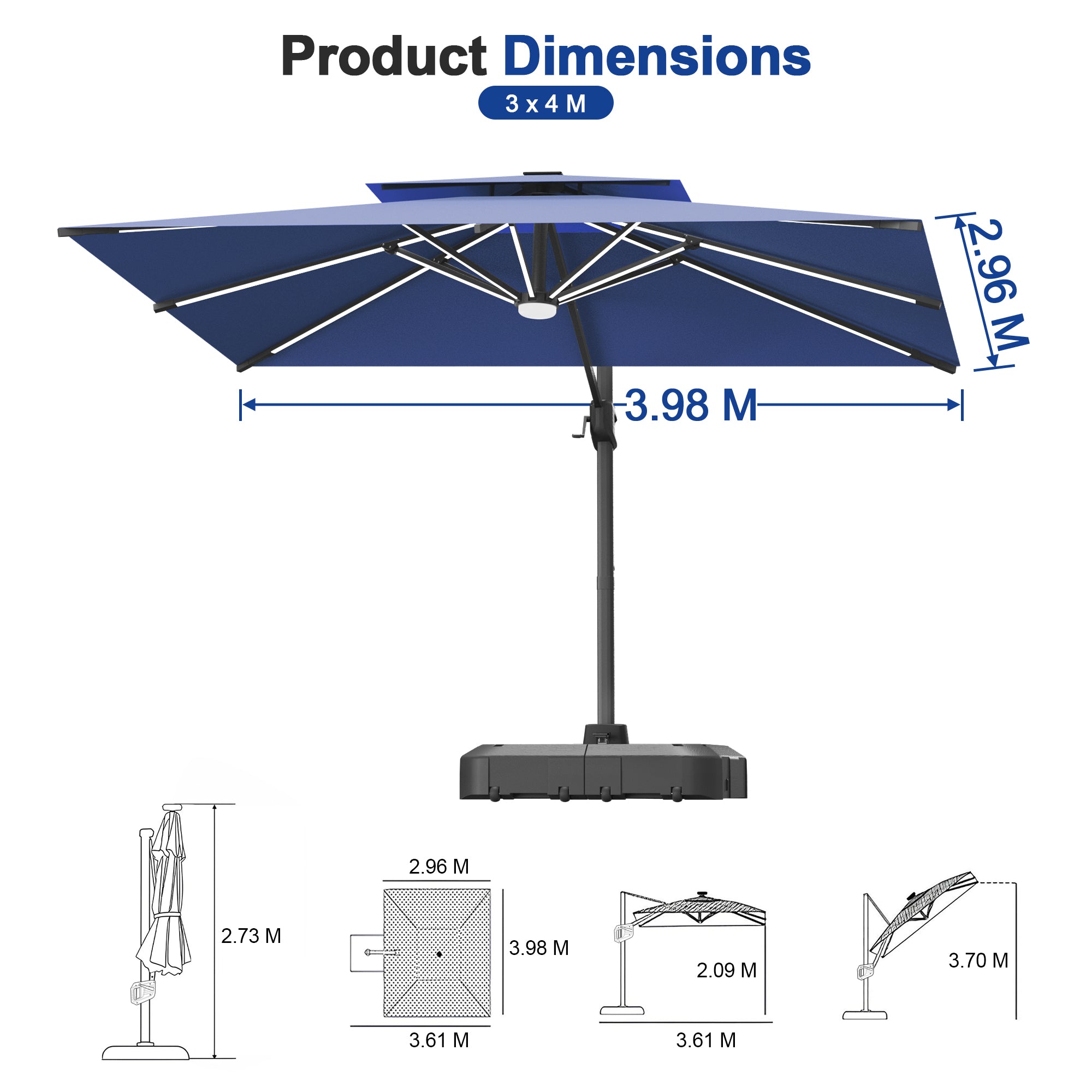 LED Cantilever Umbrella with Integrated Ribline Lighting for Outdoor Dining, Poolside Lounging & Garden Evenings