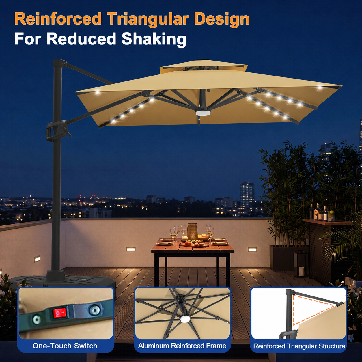 Cantilever Umbrella with Integrated Solar LED Bead Lights for Patios, Poolside Lounging & Garden Evenings