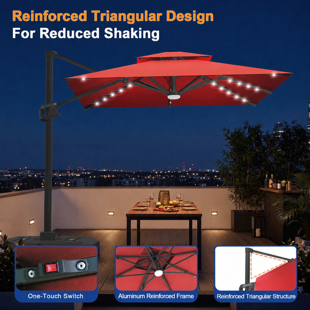 Cantilever Umbrella with Integrated Solar LED Bead Lights for Patios, Poolside Lounging & Garden Evenings
