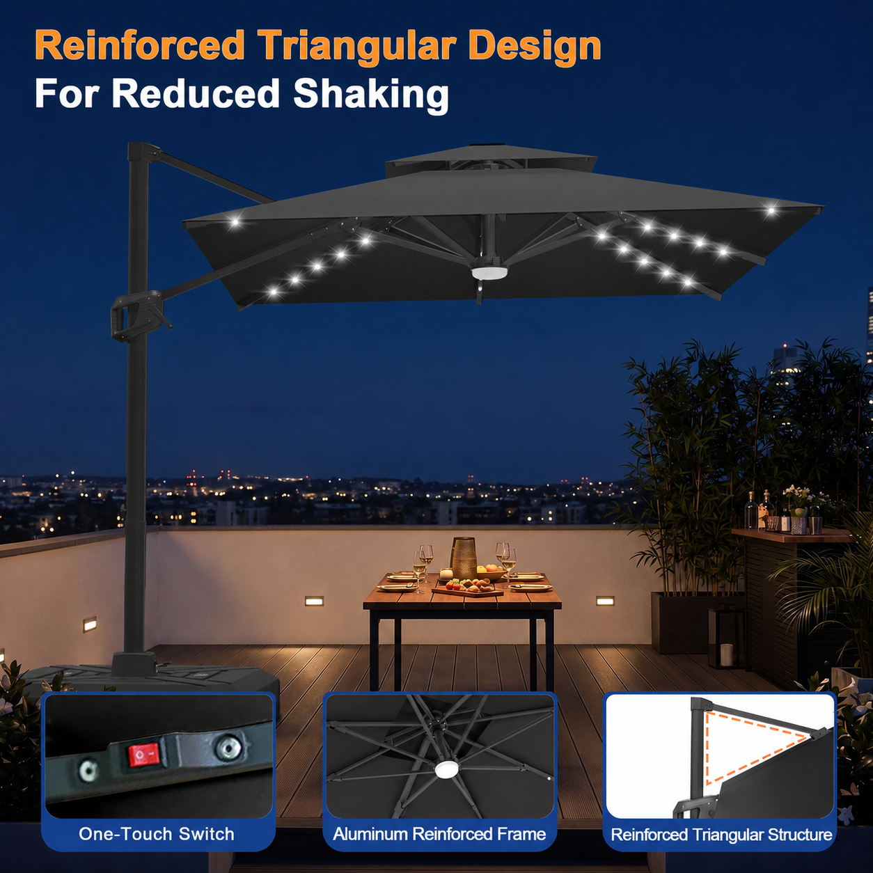 Cantilever Umbrella with Integrated Solar LED Bead Lights for Patios, Poolside Lounging & Garden Evenings