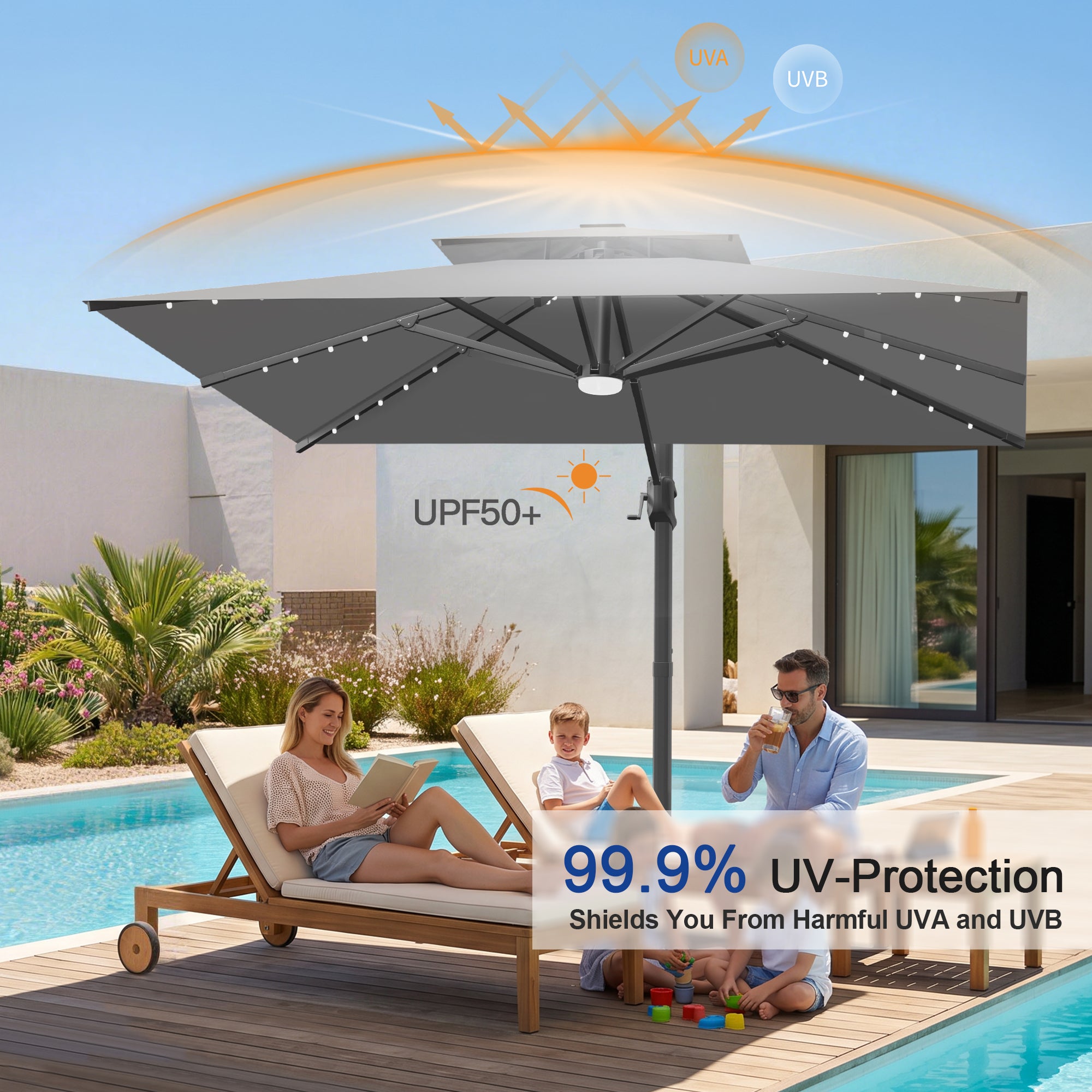 Cantilever Umbrella with Integrated Solar LED Bead Lights for Patios, Poolside Lounging & Garden Evenings