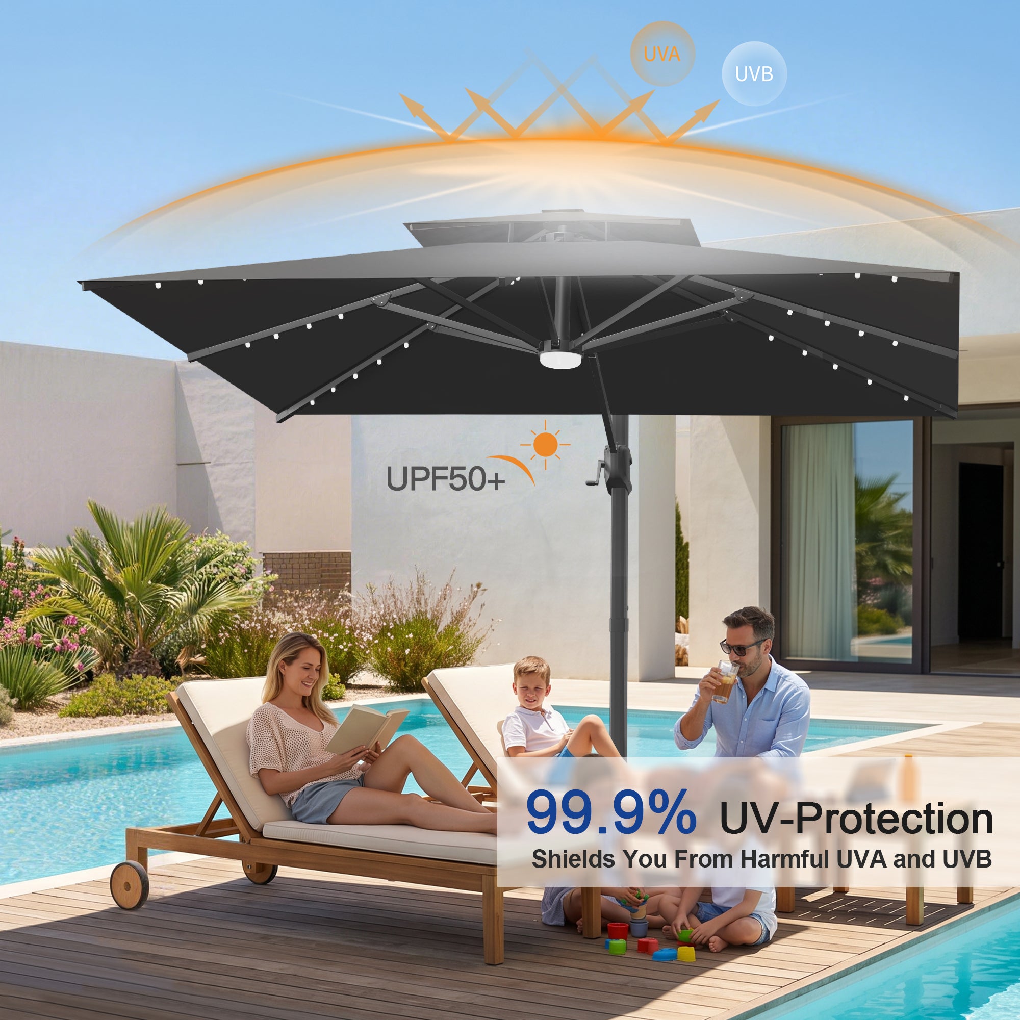Cantilever Umbrella with Integrated Solar LED Bead Lights for Patios, Poolside Lounging & Garden Evenings