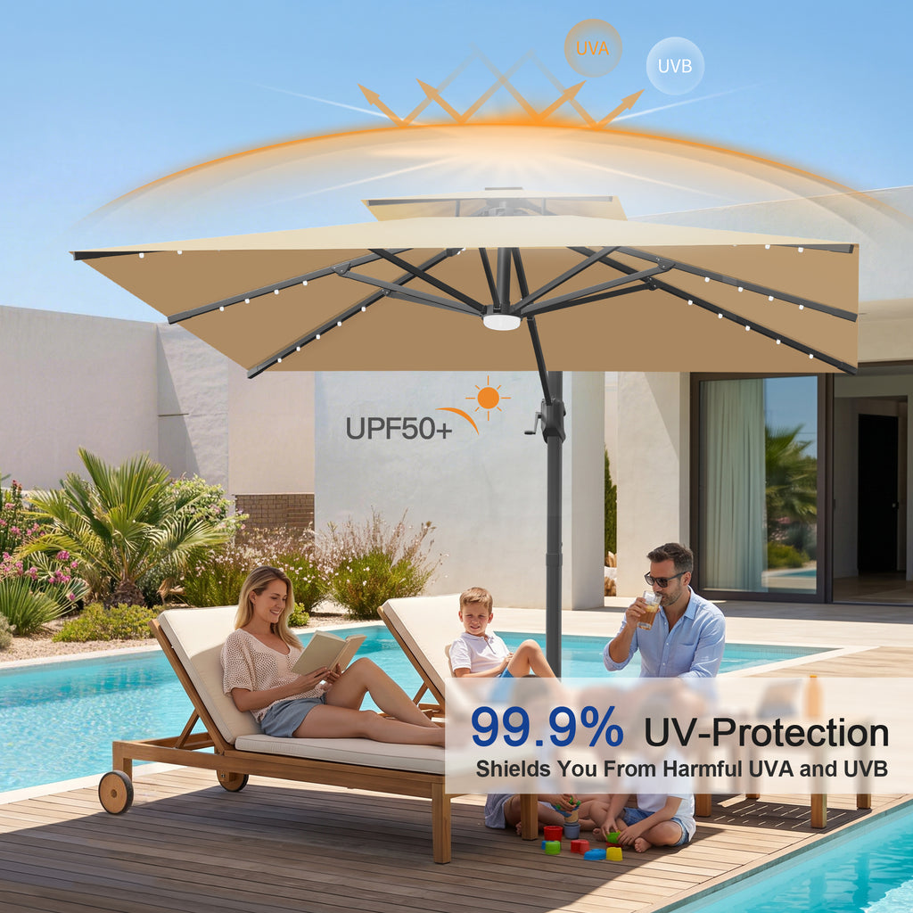 Cantilever Umbrella with Integrated Solar LED Bead Lights for Patios, Poolside Lounging & Garden Evenings