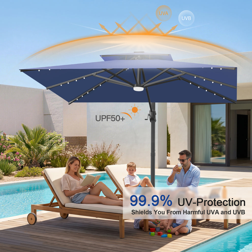 Cantilever Umbrella with Integrated Solar LED Bead Lights for Patios, Poolside Lounging & Garden Evenings