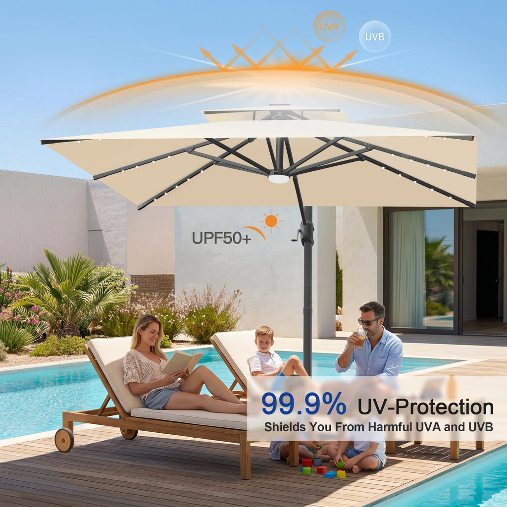 Cantilever Umbrella with Integrated Solar LED Bead Lights for Patios, Poolside Lounging & Garden Evenings