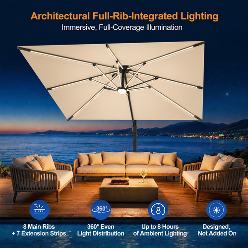 LED Cantilever Umbrella with Integrated Ribline Lighting for Outdoor Dining, Poolside Lounging & Garden Evenings