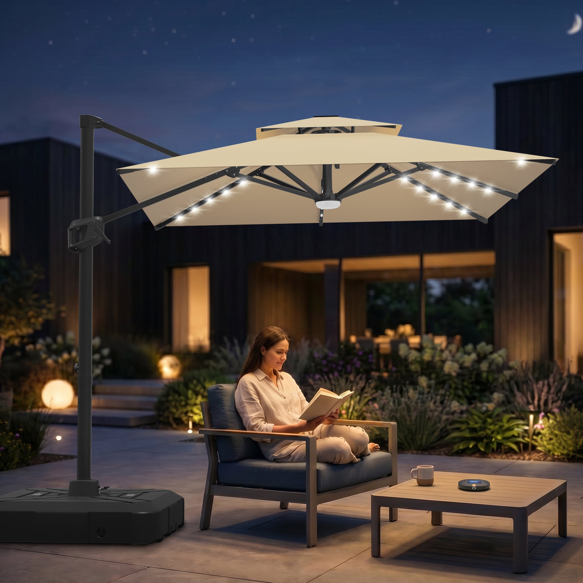 Cantilever Umbrella with Integrated Solar LED Bead Lights for Patios, Poolside Lounging & Garden Evenings