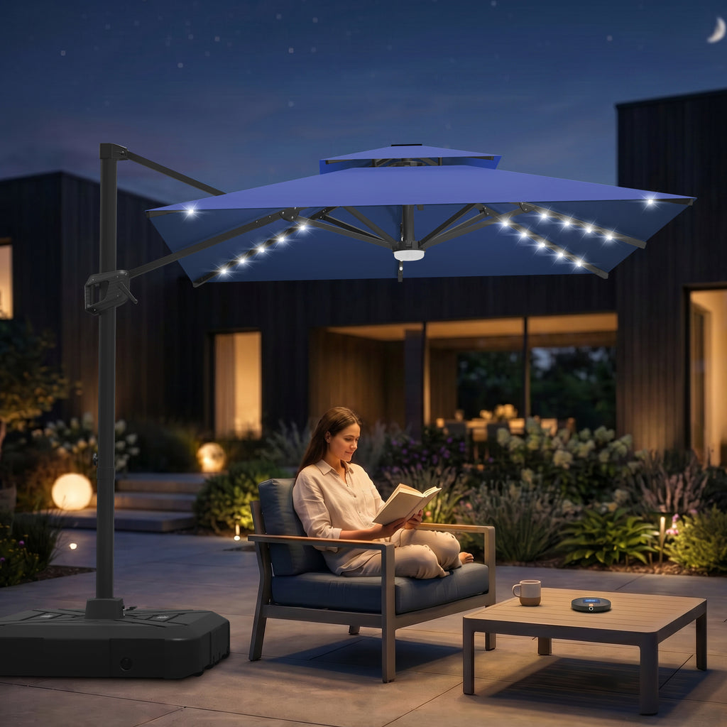 Cantilever Umbrella with Integrated Solar LED Bead Lights for Patios, Poolside Lounging & Garden Evenings