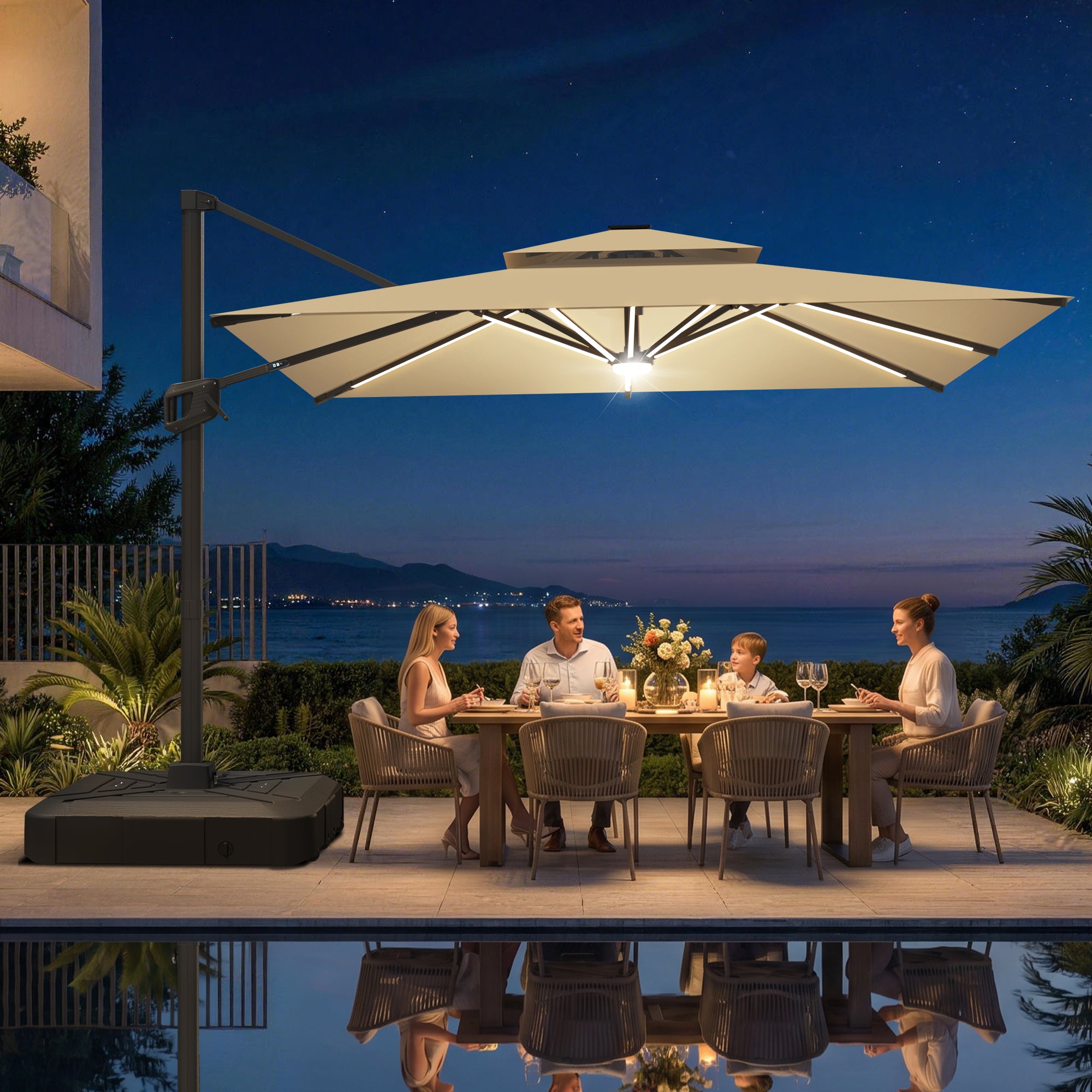 LED Cantilever Umbrella with Integrated Ribline Lighting for Outdoor Dining, Poolside Lounging & Garden Evenings
